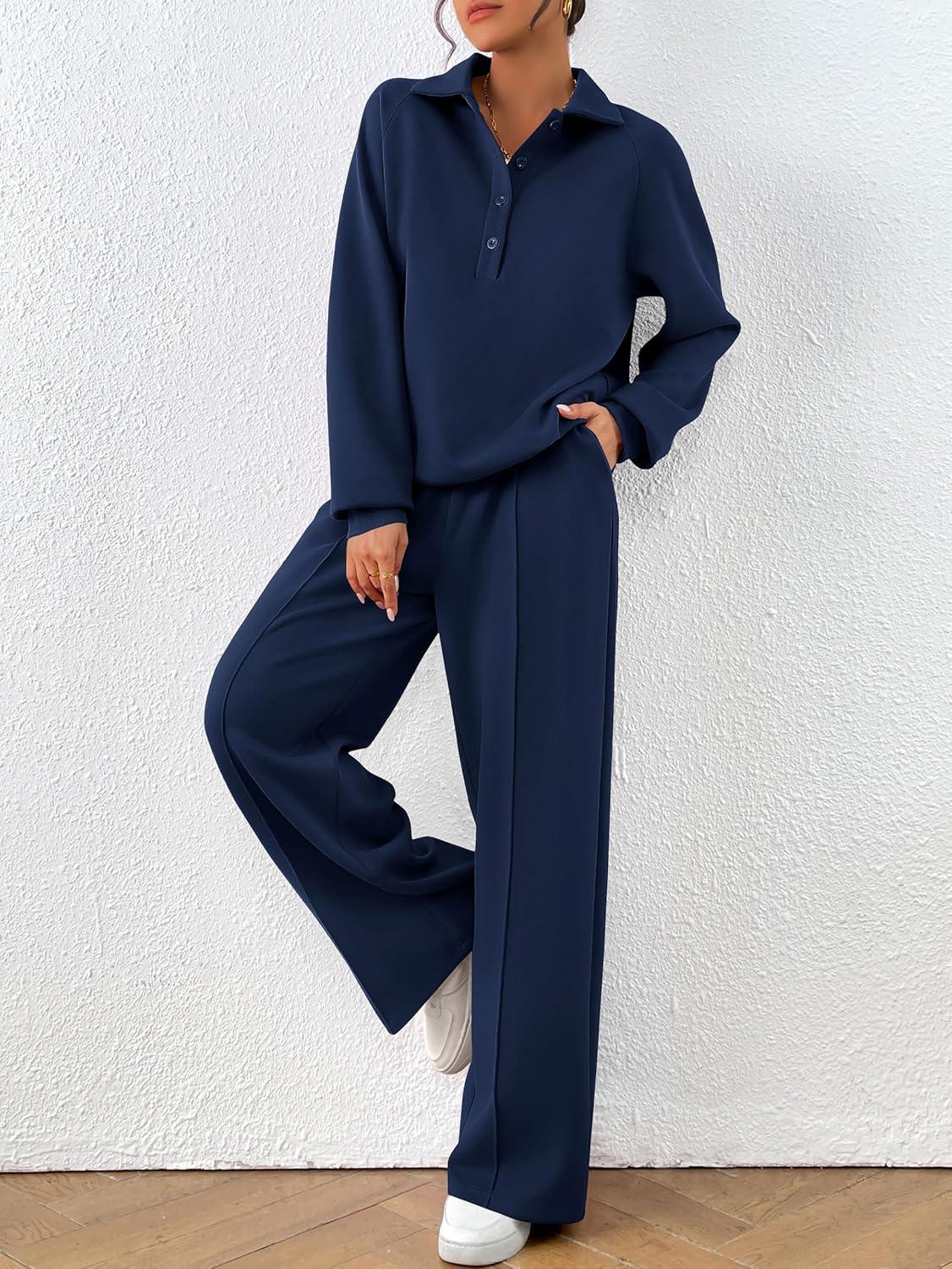 imagePRETTYGARDEN Women Fall 2 Piece Outfits Sweatsuits Quarter Button Long Sleeve Sweatshirt Wide Leg Pants Tracksuit Lounge SetsNavy