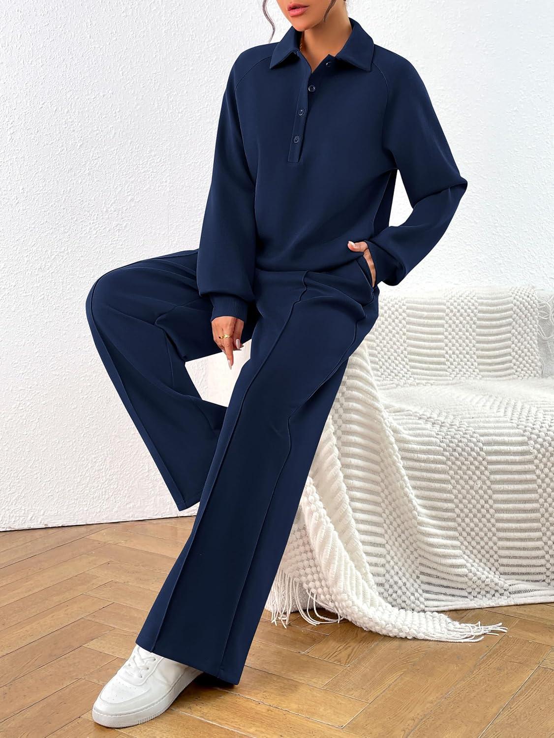imagePRETTYGARDEN Women Fall 2 Piece Outfits Sweatsuits Quarter Button Long Sleeve Sweatshirt Wide Leg Pants Tracksuit Lounge SetsNavy