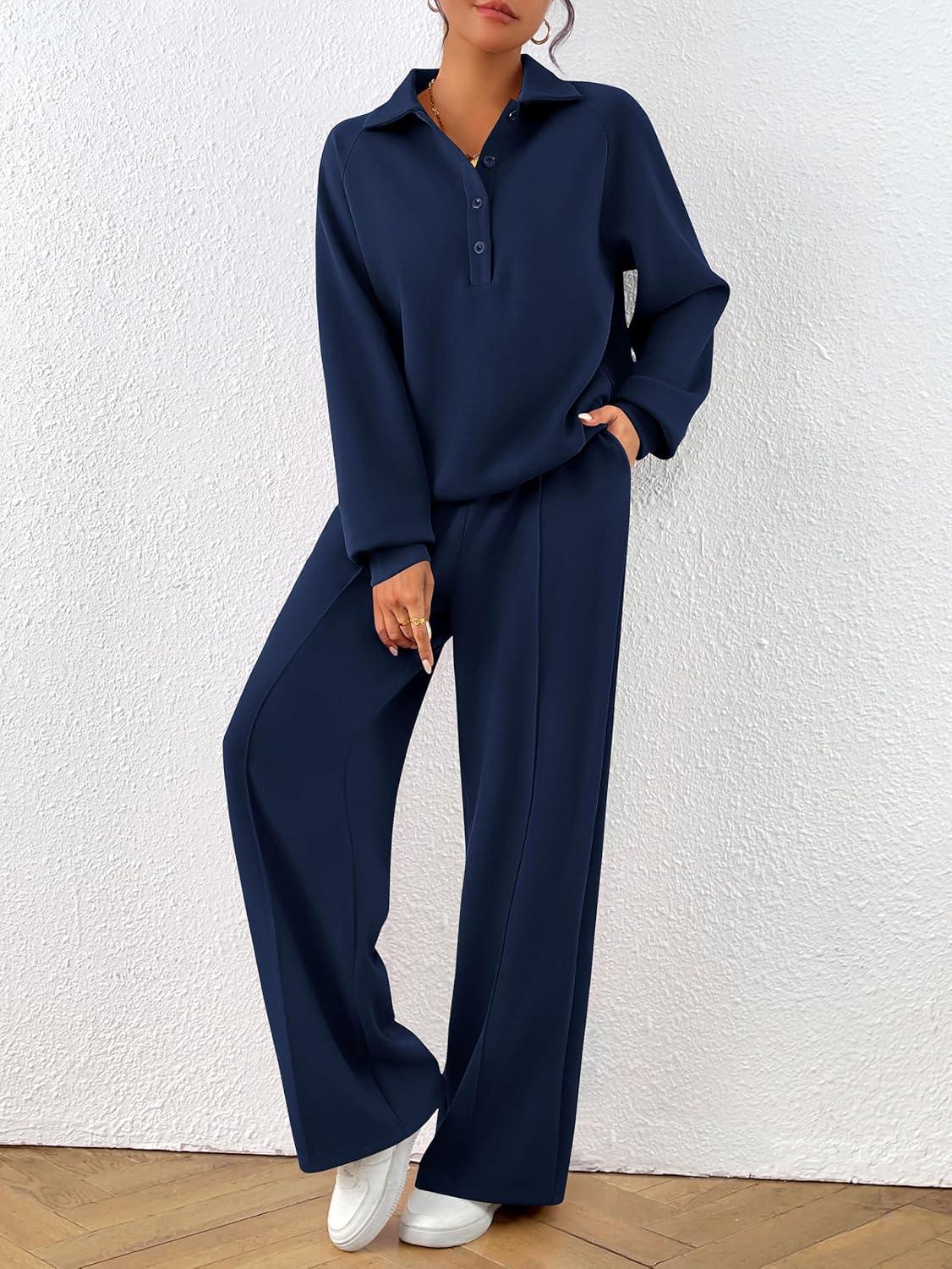 imagePRETTYGARDEN Women Fall 2 Piece Outfits Sweatsuits Quarter Button Long Sleeve Sweatshirt Wide Leg Pants Tracksuit Lounge SetsNavy