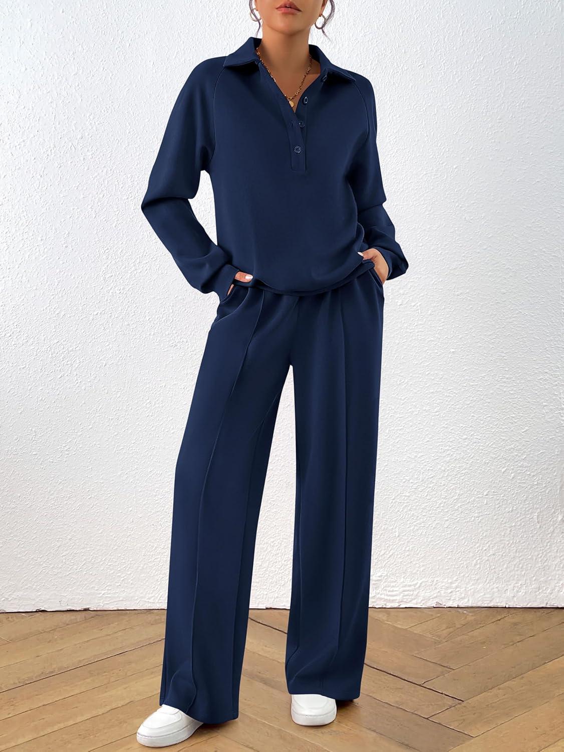 imagePRETTYGARDEN Women Fall 2 Piece Outfits Sweatsuits Quarter Button Long Sleeve Sweatshirt Wide Leg Pants Tracksuit Lounge SetsNavy