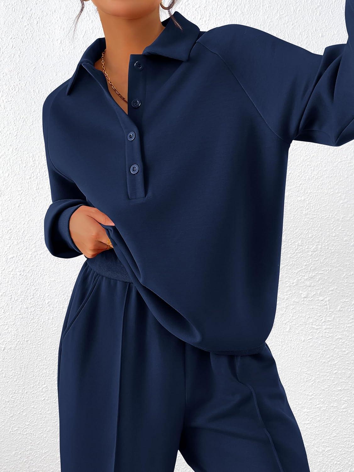 imagePRETTYGARDEN Women Fall 2 Piece Outfits Sweatsuits Quarter Button Long Sleeve Sweatshirt Wide Leg Pants Tracksuit Lounge SetsNavy