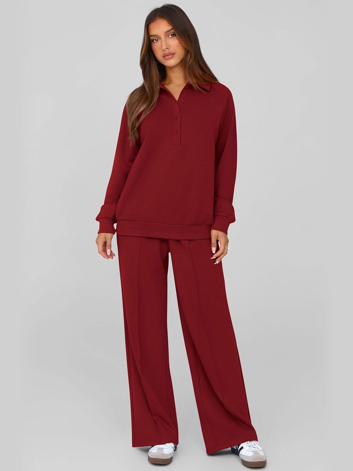 imagePRETTYGARDEN Women Fall 2 Piece Outfits Sweatsuits Quarter Button Long Sleeve Sweatshirt Wide Leg Pants Tracksuit Lounge SetsWine Red