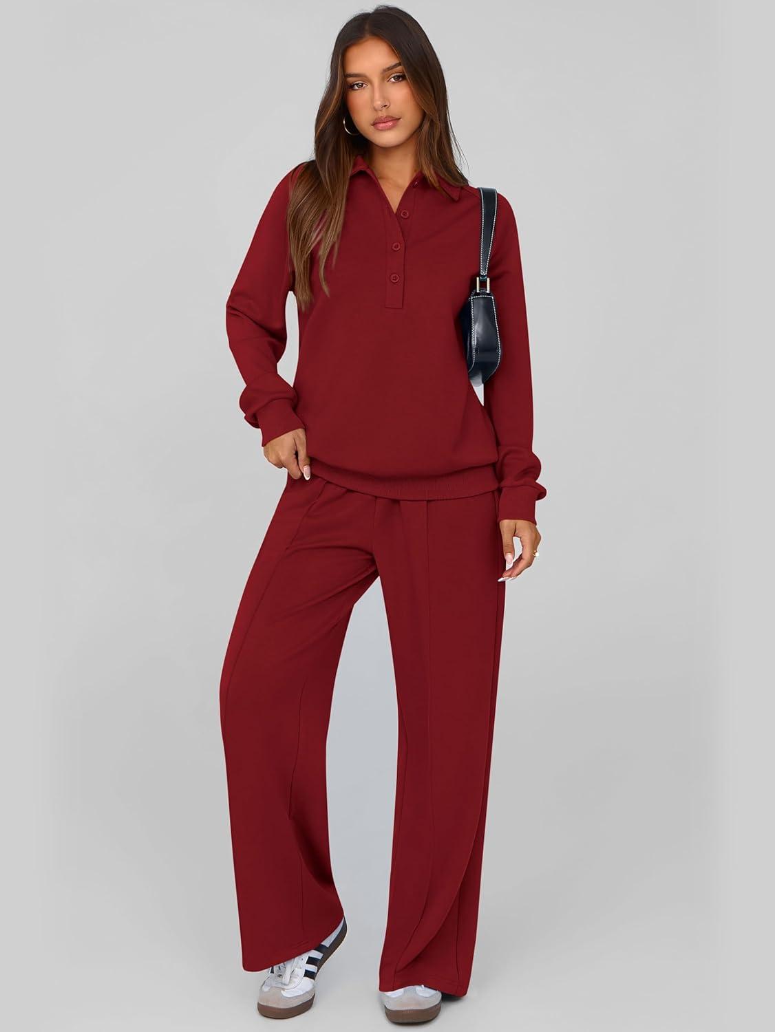 imagePRETTYGARDEN Women Fall 2 Piece Outfits Sweatsuits Quarter Button Long Sleeve Sweatshirt Wide Leg Pants Tracksuit Lounge SetsWine Red