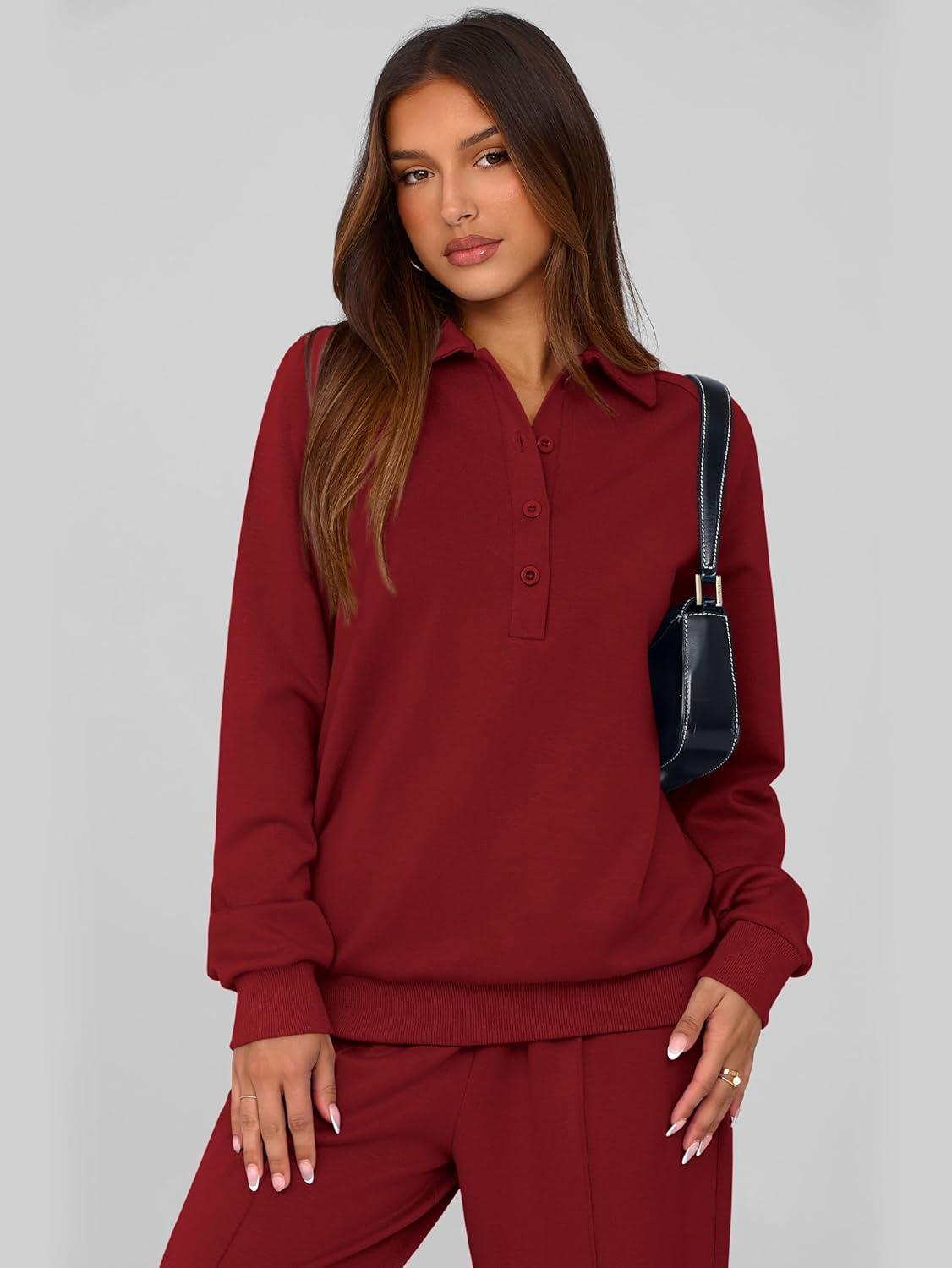 imagePRETTYGARDEN Women Fall 2 Piece Outfits Sweatsuits Quarter Button Long Sleeve Sweatshirt Wide Leg Pants Tracksuit Lounge SetsWine Red