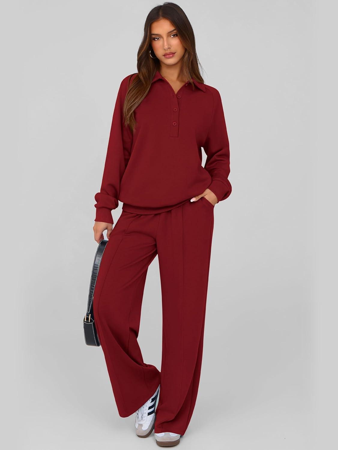 imagePRETTYGARDEN Women Fall 2 Piece Outfits Sweatsuits Quarter Button Long Sleeve Sweatshirt Wide Leg Pants Tracksuit Lounge SetsWine Red