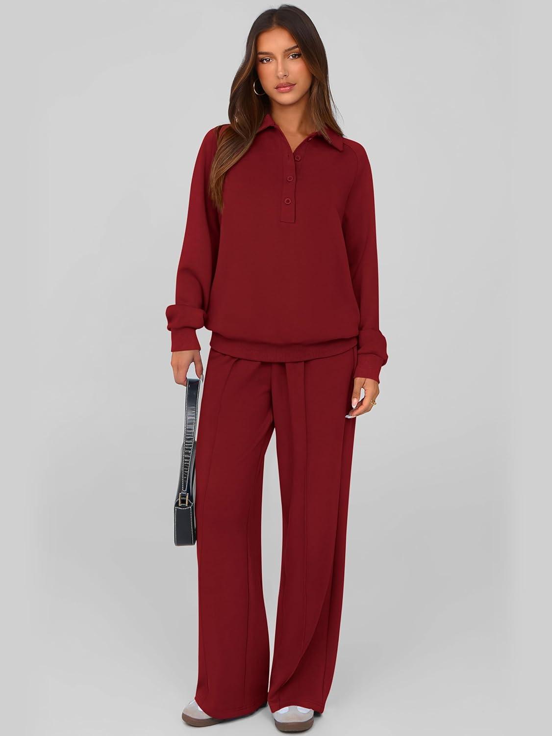 imagePRETTYGARDEN Women Fall 2 Piece Outfits Sweatsuits Quarter Button Long Sleeve Sweatshirt Wide Leg Pants Tracksuit Lounge SetsWine Red