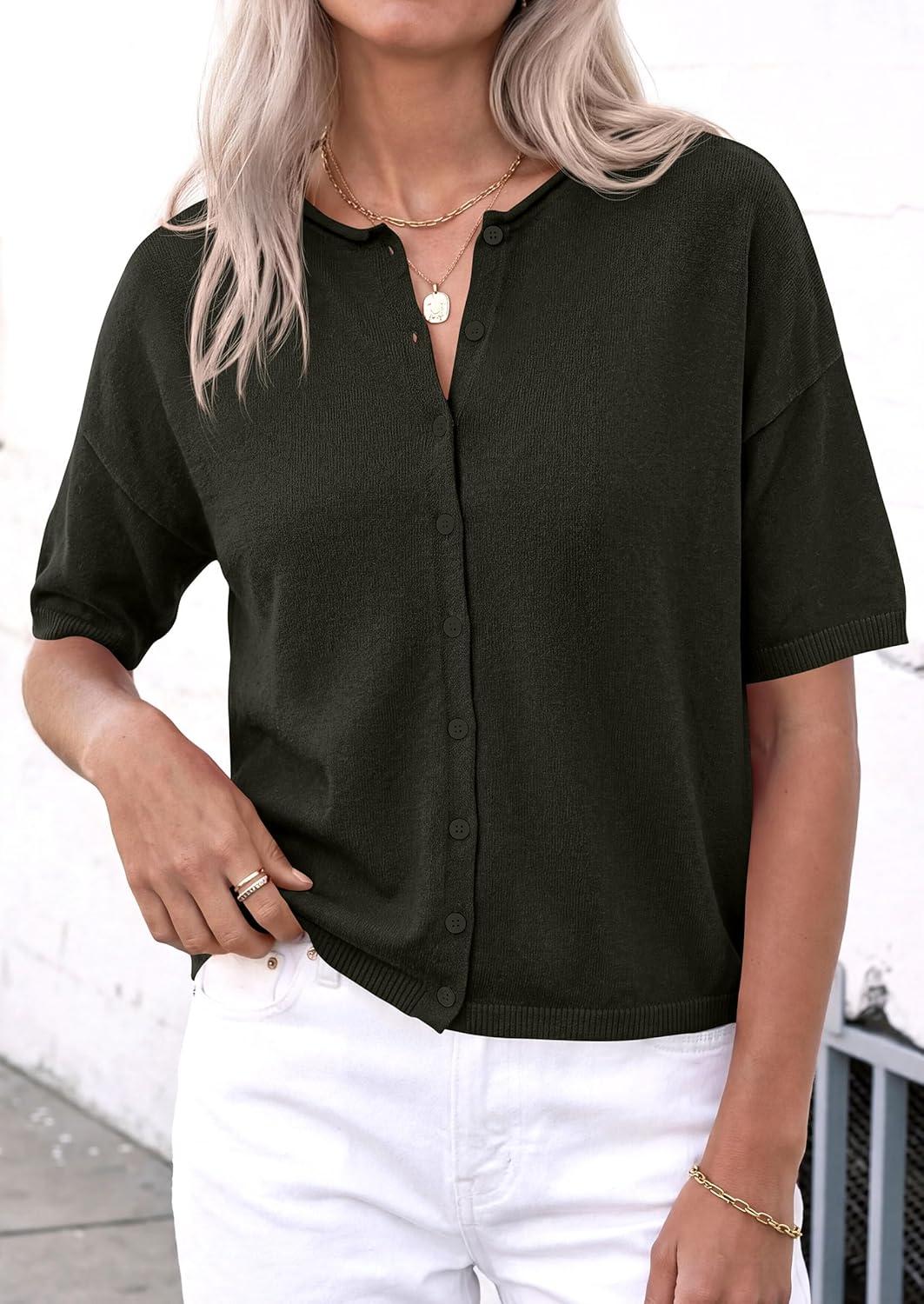 imagePRETTYGARDEN Women Spring Short Sleeve Cardigan Sweaters Button Down Knit Shirt Blouse Dressy Casual Tops 2026 Summer OutfitsArmy Green