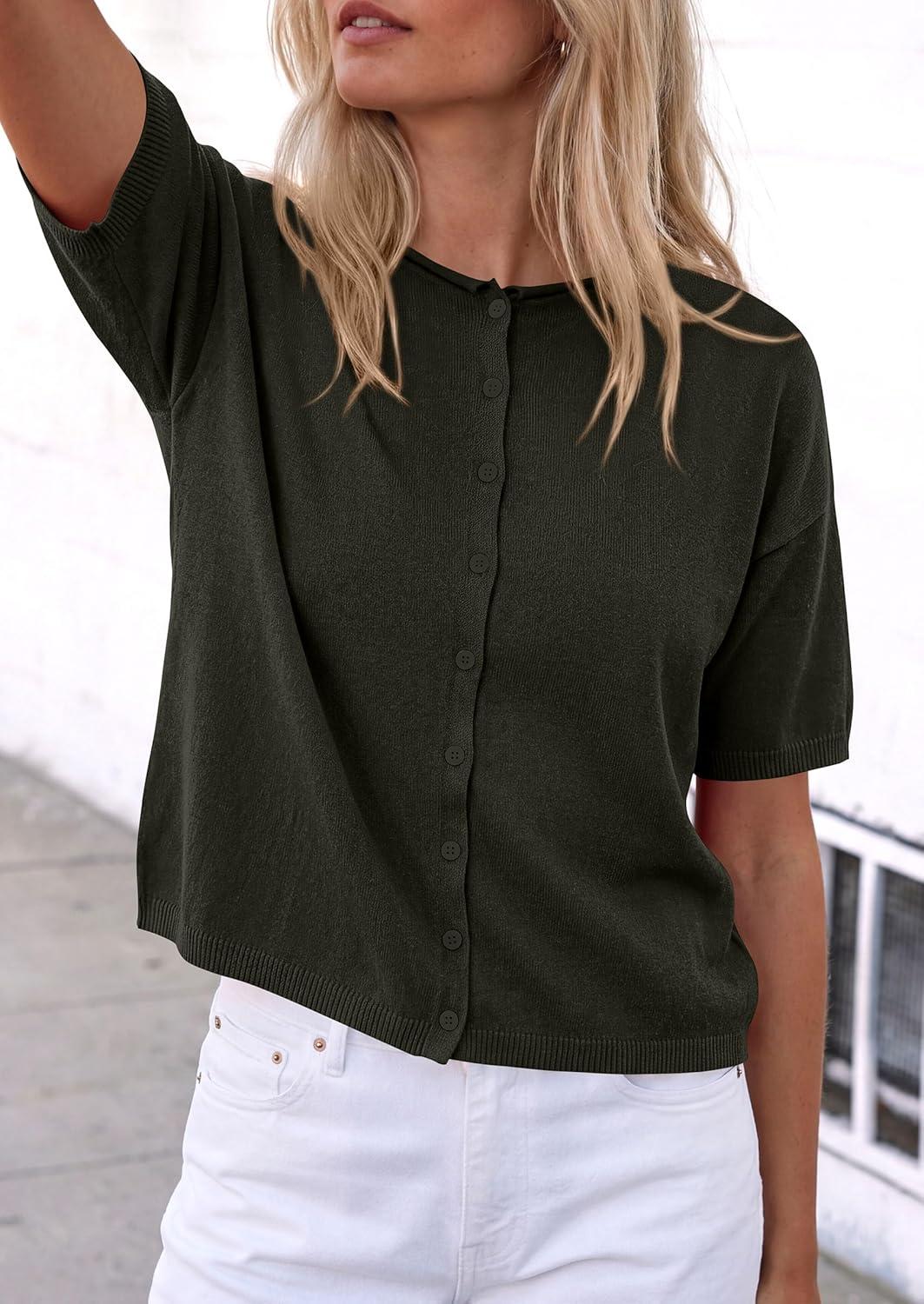imagePRETTYGARDEN Women Spring Short Sleeve Cardigan Sweaters Button Down Knit Shirt Blouse Dressy Casual Tops 2026 Summer OutfitsArmy Green