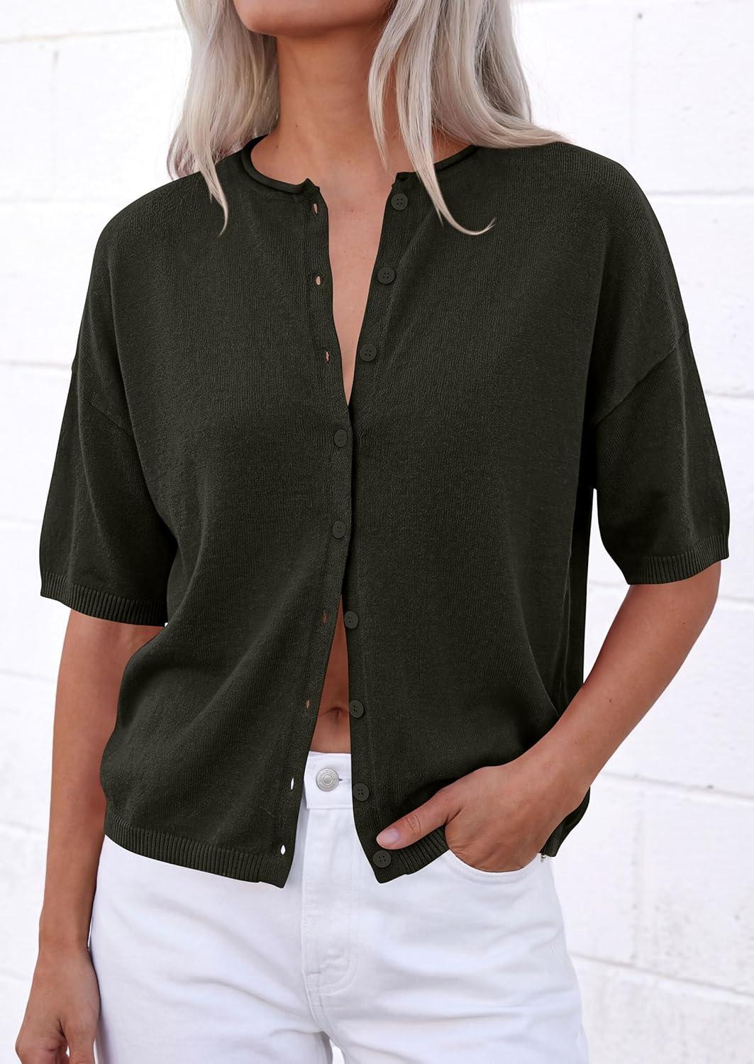imagePRETTYGARDEN Women Spring Short Sleeve Cardigan Sweaters Button Down Knit Shirt Blouse Dressy Casual Tops 2026 Summer OutfitsArmy Green