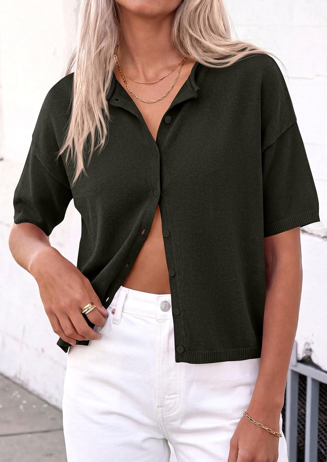 imagePRETTYGARDEN Women Spring Short Sleeve Cardigan Sweaters Button Down Knit Shirt Blouse Dressy Casual Tops 2026 Summer OutfitsArmy Green