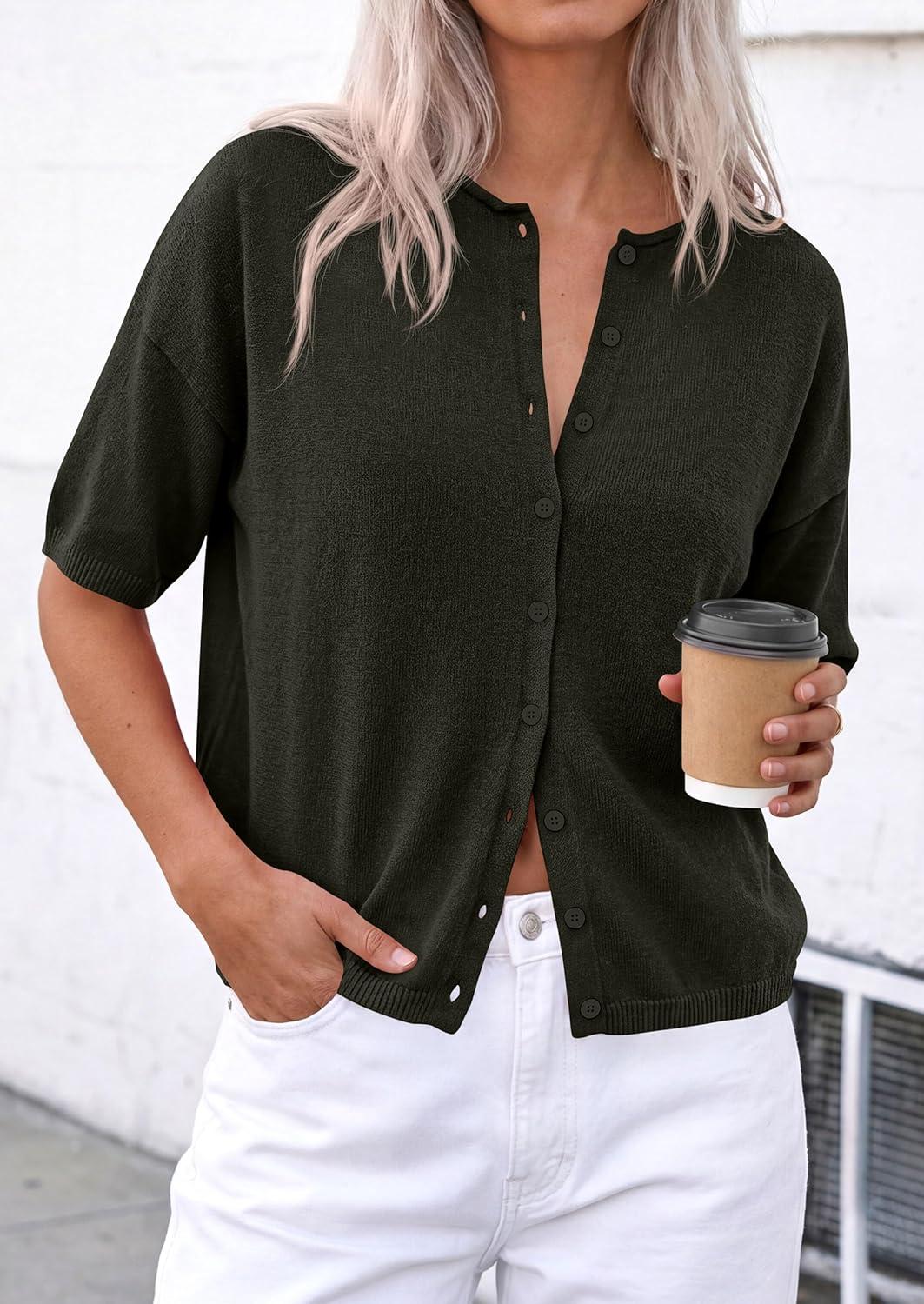 imagePRETTYGARDEN Women Spring Short Sleeve Cardigan Sweaters Button Down Knit Shirt Blouse Dressy Casual Tops 2026 Summer OutfitsArmy Green
