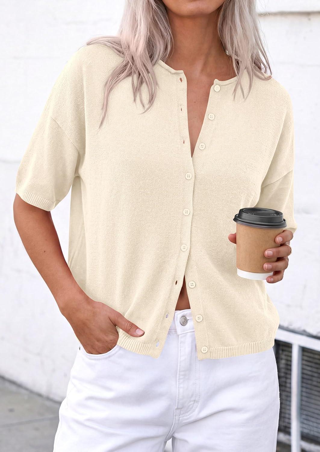 imagePRETTYGARDEN Women Spring Short Sleeve Cardigan Sweaters Button Down Knit Shirt Blouse Dressy Casual Tops 2026 Summer OutfitsBeige