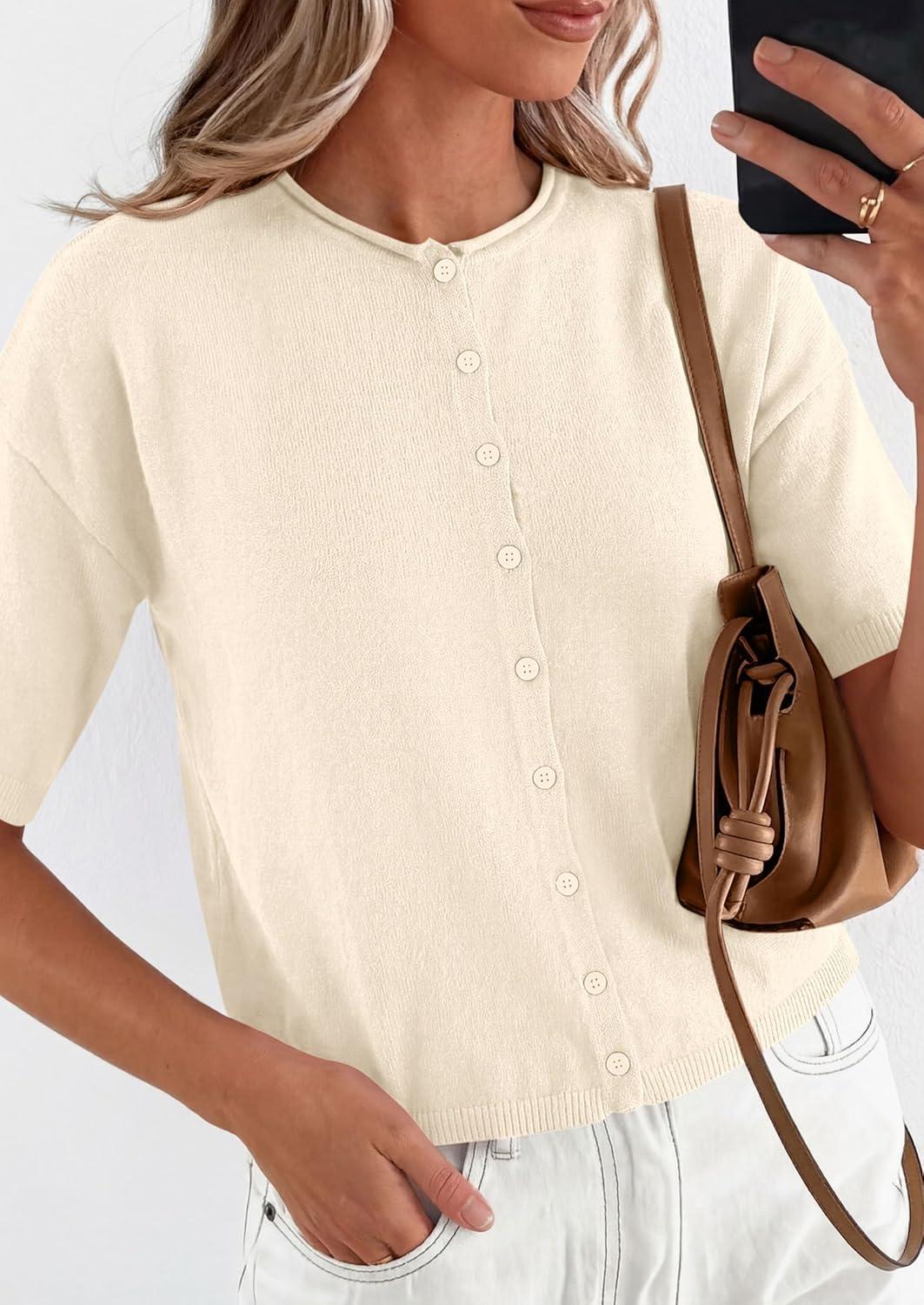 imagePRETTYGARDEN Women Spring Short Sleeve Cardigan Sweaters Button Down Knit Shirt Blouse Dressy Casual Tops 2026 Summer OutfitsBeige