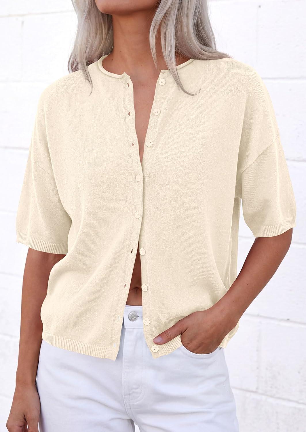 imagePRETTYGARDEN Women Spring Short Sleeve Cardigan Sweaters Button Down Knit Shirt Blouse Dressy Casual Tops 2026 Summer OutfitsBeige
