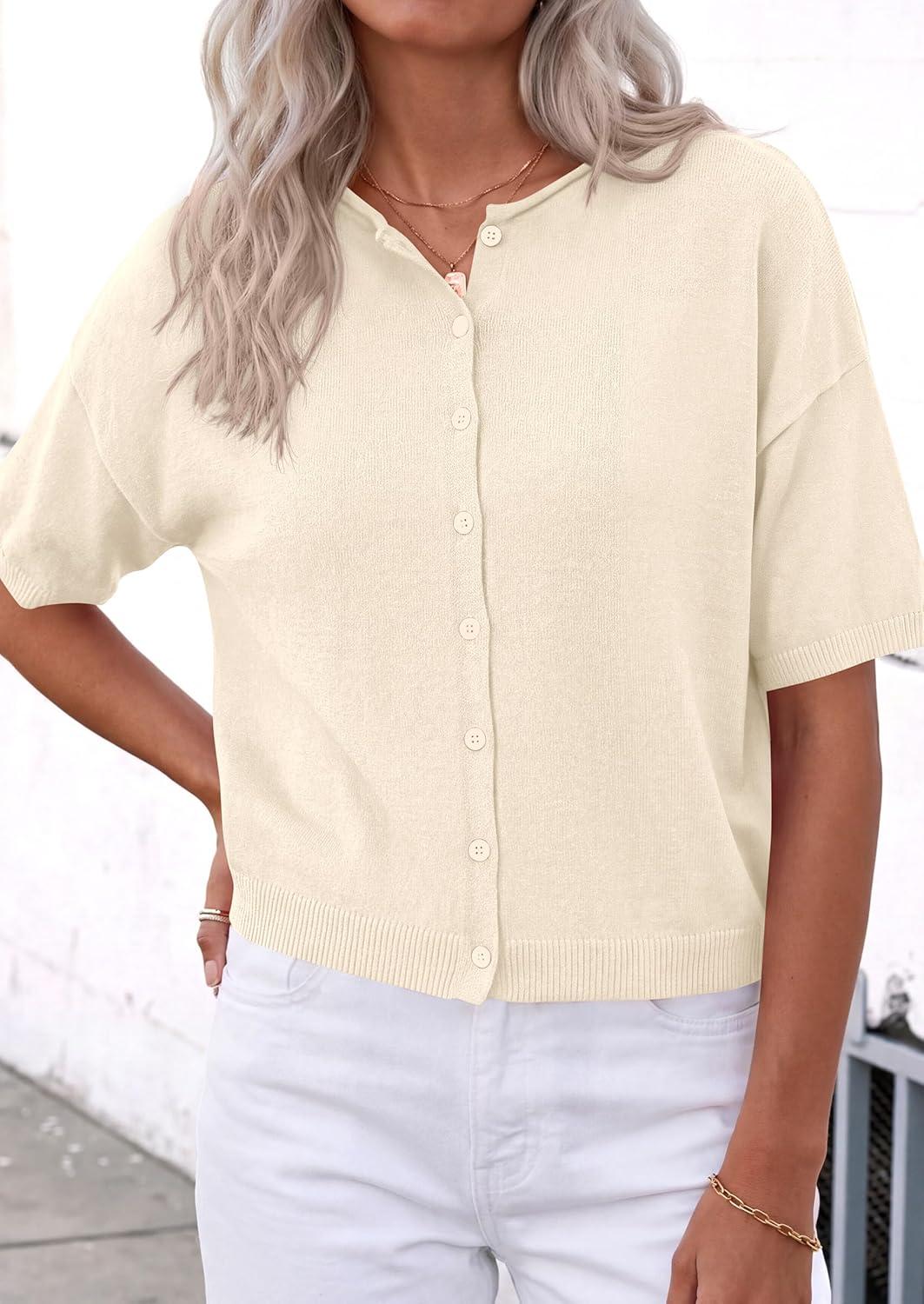 imagePRETTYGARDEN Women Spring Short Sleeve Cardigan Sweaters Button Down Knit Shirt Blouse Dressy Casual Tops 2026 Summer OutfitsBeige