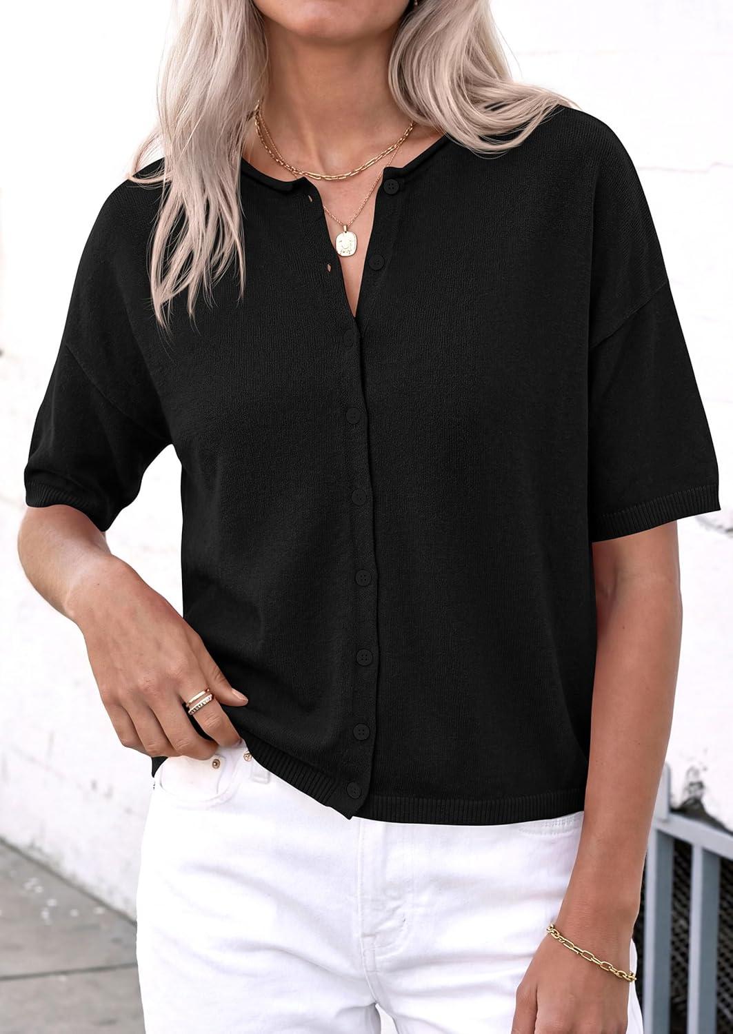 imagePRETTYGARDEN Women Spring Short Sleeve Cardigan Sweaters Button Down Knit Shirt Blouse Dressy Casual Tops 2026 Summer OutfitsBlack