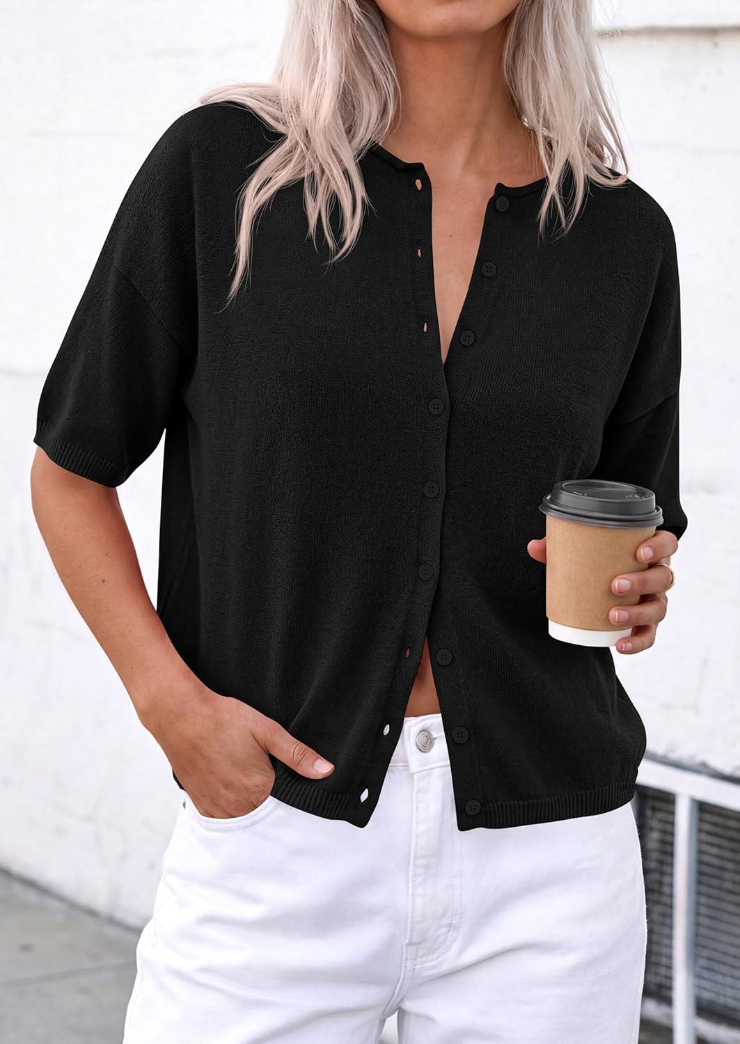 imagePRETTYGARDEN Women Spring Short Sleeve Cardigan Sweaters Button Down Knit Shirt Blouse Dressy Casual Tops 2026 Summer OutfitsBlack
