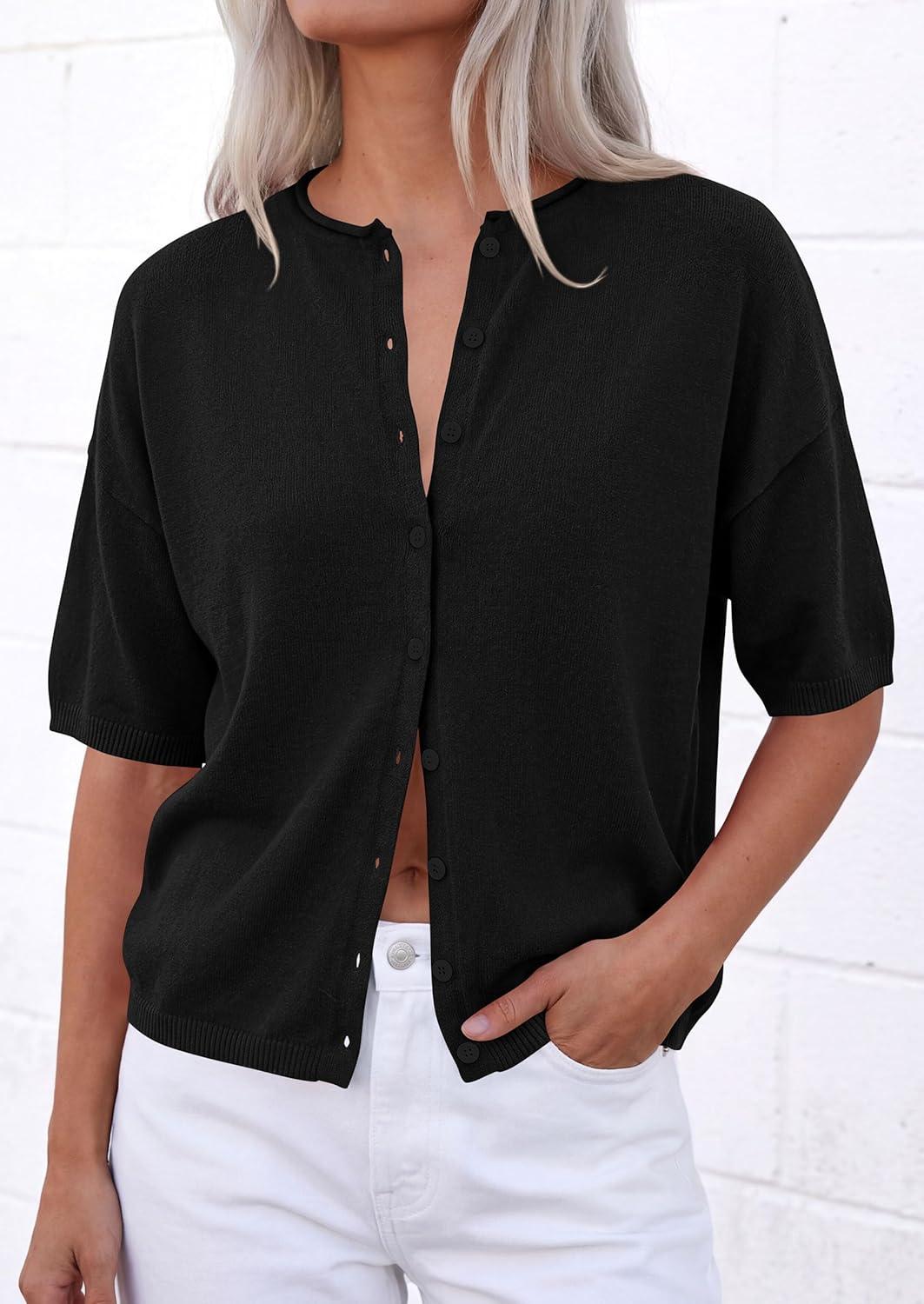 imagePRETTYGARDEN Women Spring Short Sleeve Cardigan Sweaters Button Down Knit Shirt Blouse Dressy Casual Tops 2026 Summer OutfitsBlack