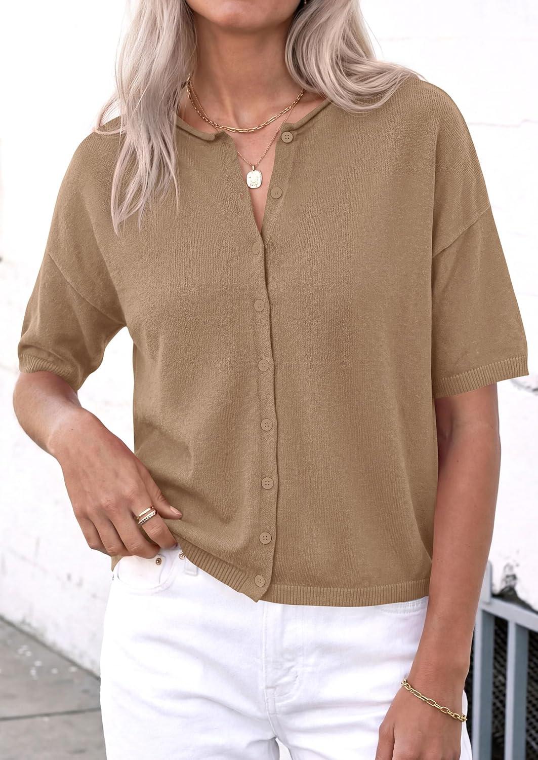 imagePRETTYGARDEN Women Spring Short Sleeve Cardigan Sweaters Button Down Knit Shirt Blouse Dressy Casual Tops 2026 Summer OutfitsKhaki