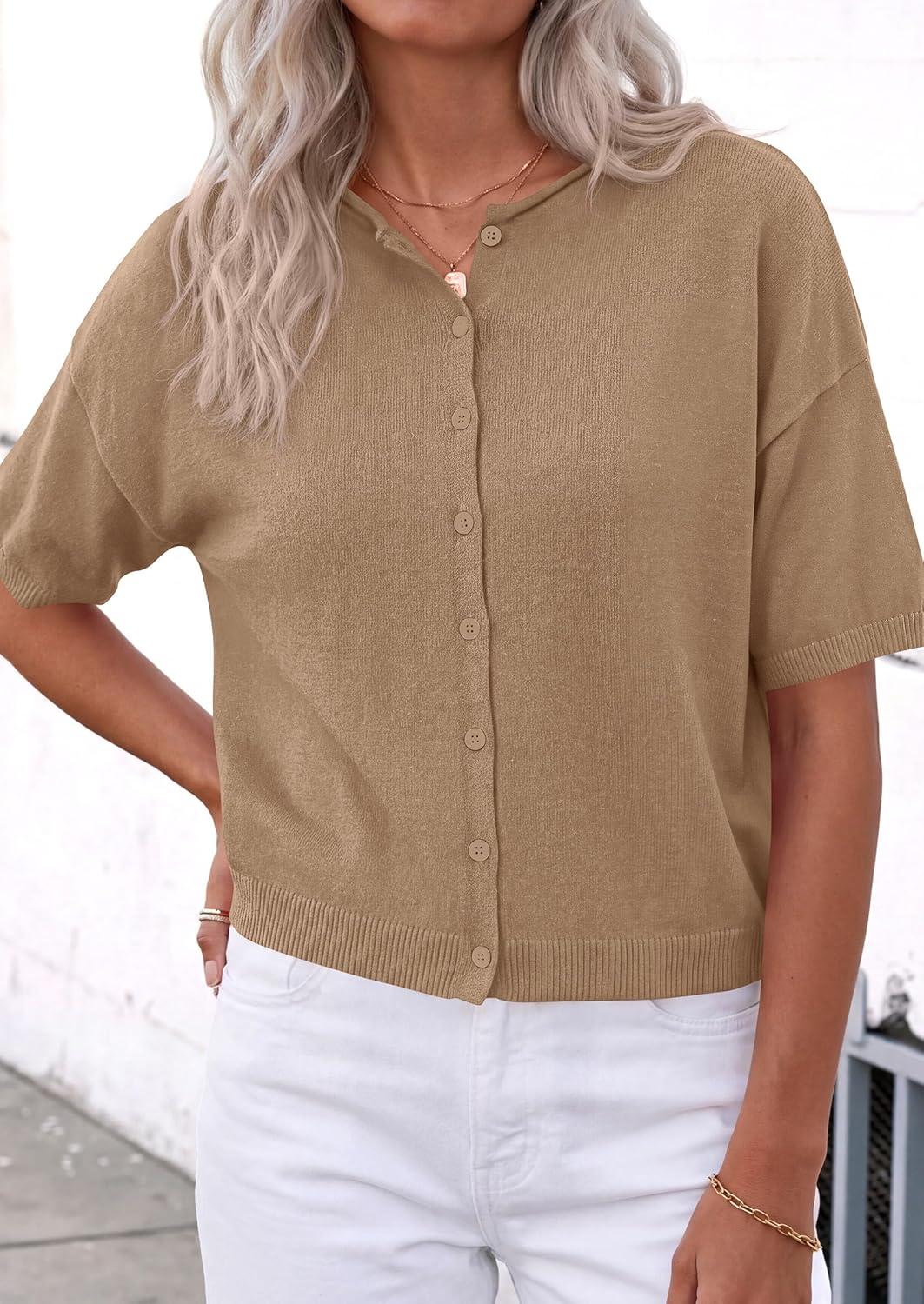imagePRETTYGARDEN Women Spring Short Sleeve Cardigan Sweaters Button Down Knit Shirt Blouse Dressy Casual Tops 2026 Summer OutfitsKhaki