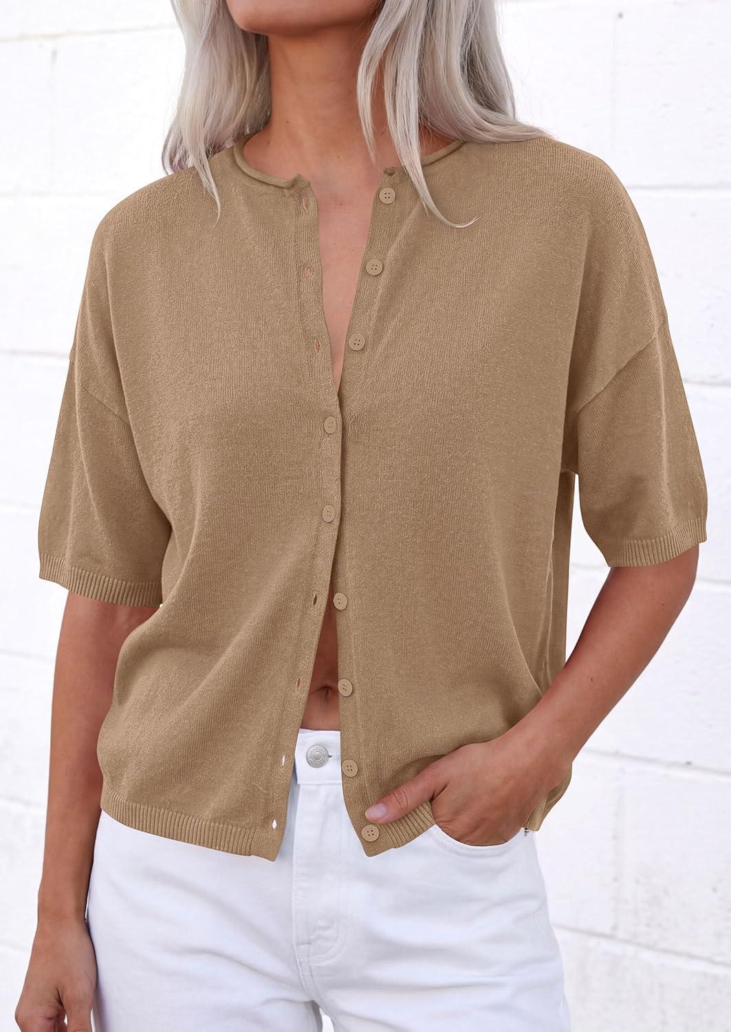 imagePRETTYGARDEN Women Spring Short Sleeve Cardigan Sweaters Button Down Knit Shirt Blouse Dressy Casual Tops 2026 Summer OutfitsKhaki