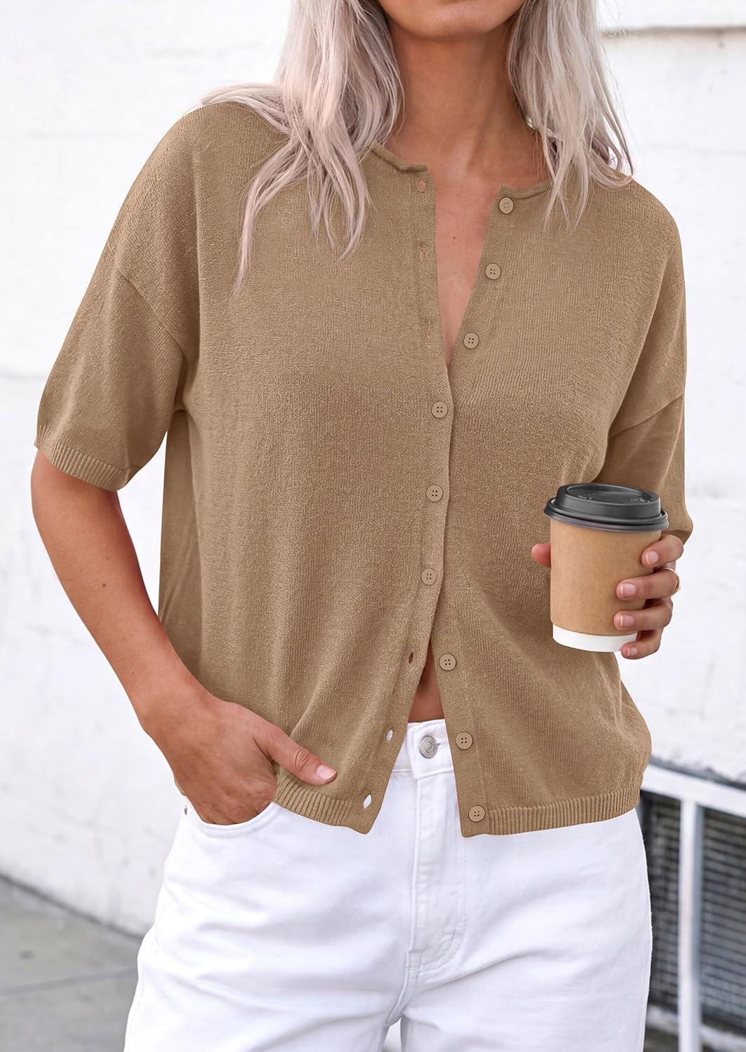 imagePRETTYGARDEN Women Spring Short Sleeve Cardigan Sweaters Button Down Knit Shirt Blouse Dressy Casual Tops 2026 Summer OutfitsKhaki