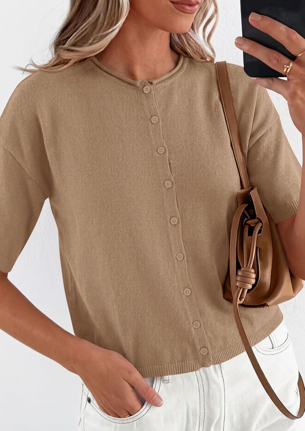 imagePRETTYGARDEN Women Spring Short Sleeve Cardigan Sweaters Button Down Knit Shirt Blouse Dressy Casual Tops 2026 Summer OutfitsKhaki