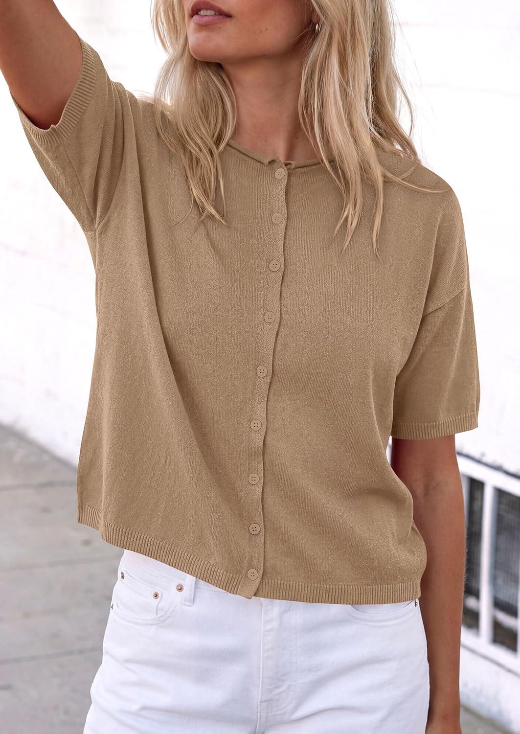 imagePRETTYGARDEN Women Spring Short Sleeve Cardigan Sweaters Button Down Knit Shirt Blouse Dressy Casual Tops 2026 Summer OutfitsKhaki