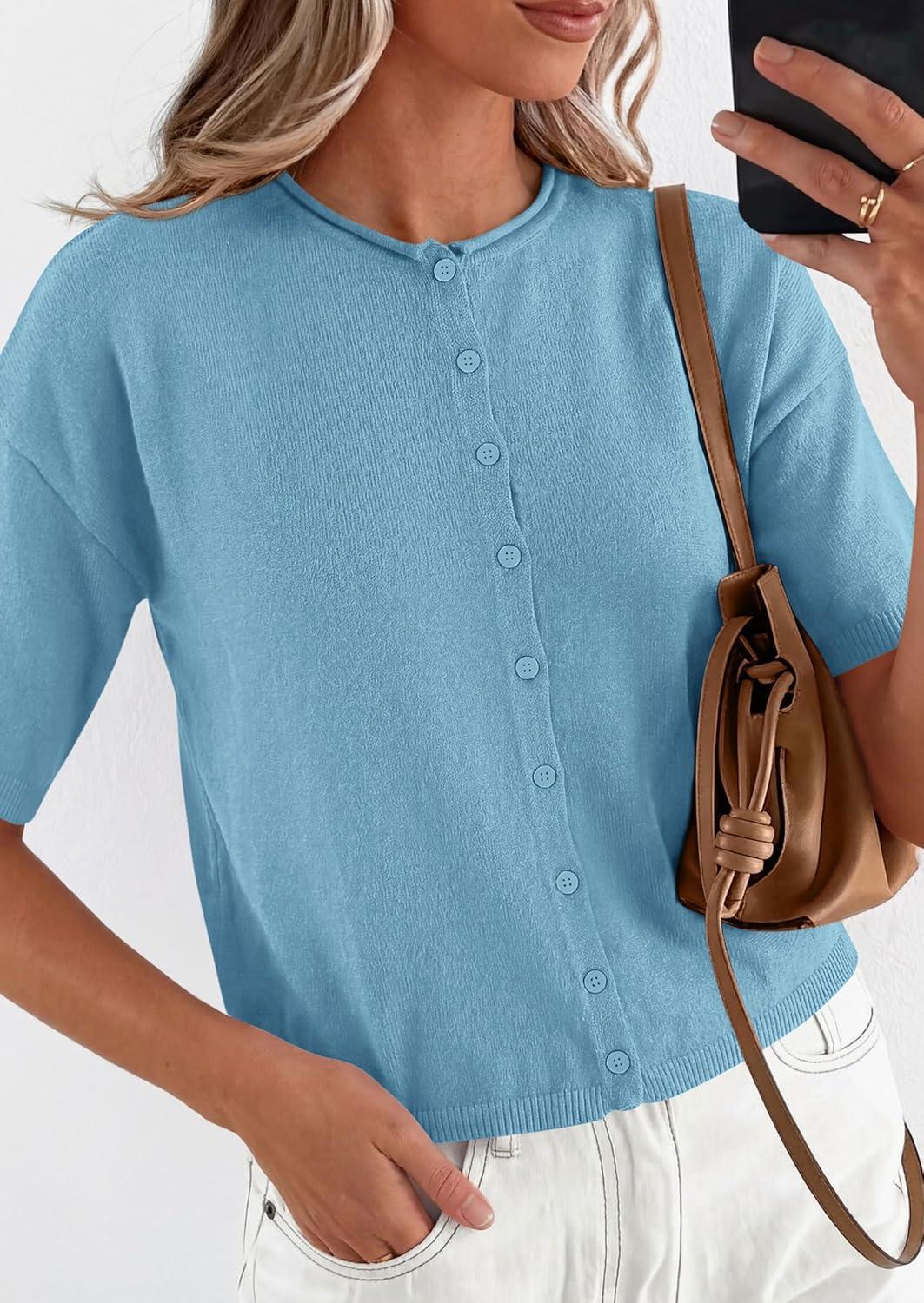 imagePRETTYGARDEN Women Spring Short Sleeve Cardigan Sweaters Button Down Knit Shirt Blouse Dressy Casual Tops 2026 Summer OutfitsLight Blue