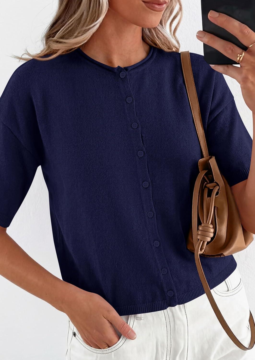 imagePRETTYGARDEN Women Spring Short Sleeve Cardigan Sweaters Button Down Knit Shirt Blouse Dressy Casual Tops 2026 Summer OutfitsNavy Blue