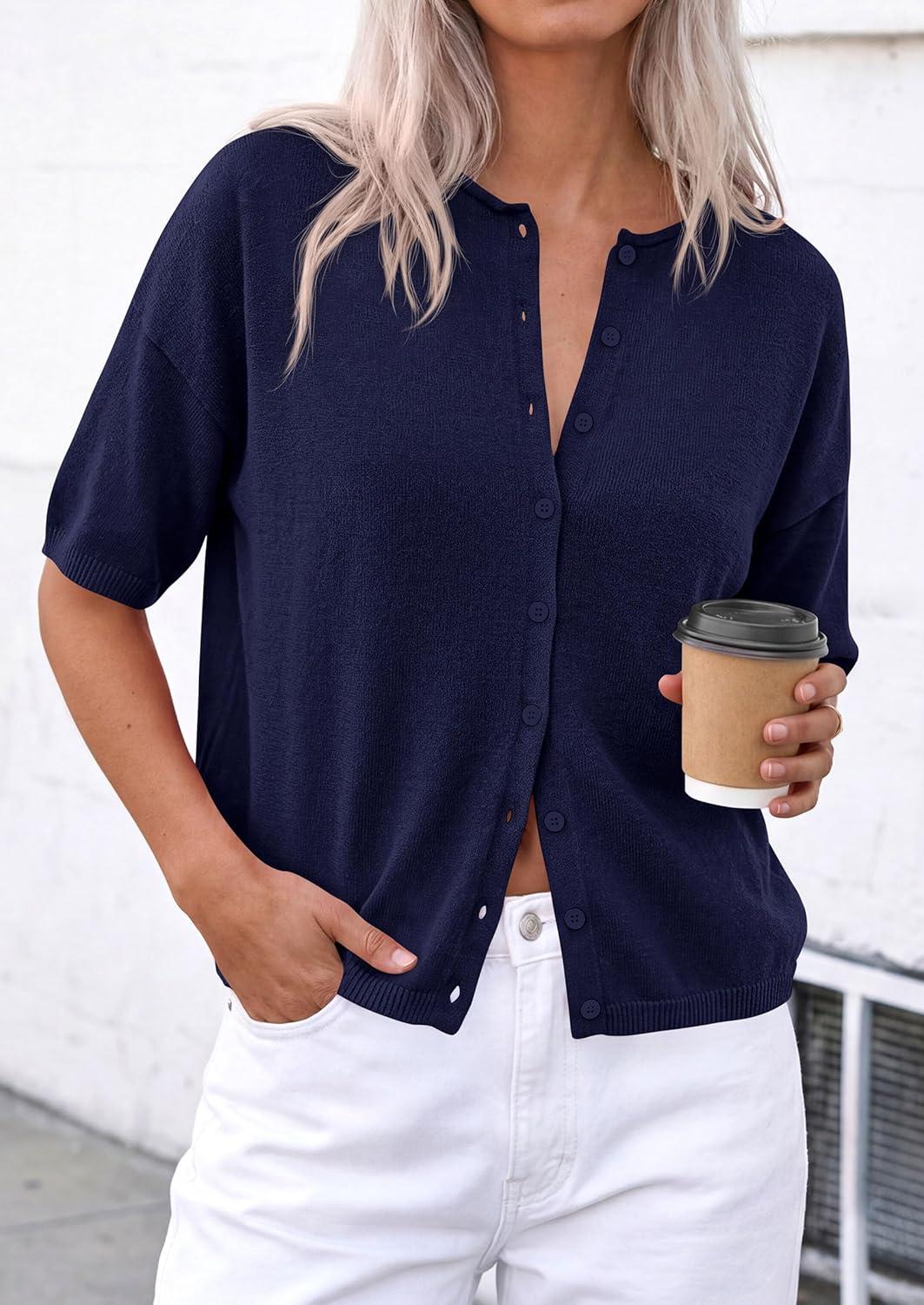 imagePRETTYGARDEN Women Spring Short Sleeve Cardigan Sweaters Button Down Knit Shirt Blouse Dressy Casual Tops 2026 Summer OutfitsNavy Blue