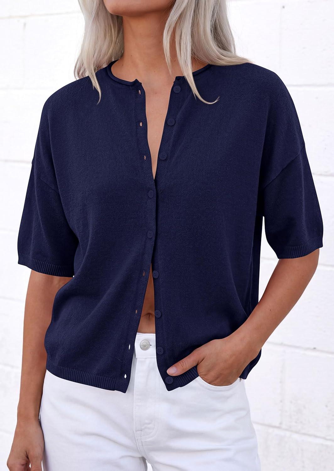 imagePRETTYGARDEN Women Spring Short Sleeve Cardigan Sweaters Button Down Knit Shirt Blouse Dressy Casual Tops 2026 Summer OutfitsNavy Blue