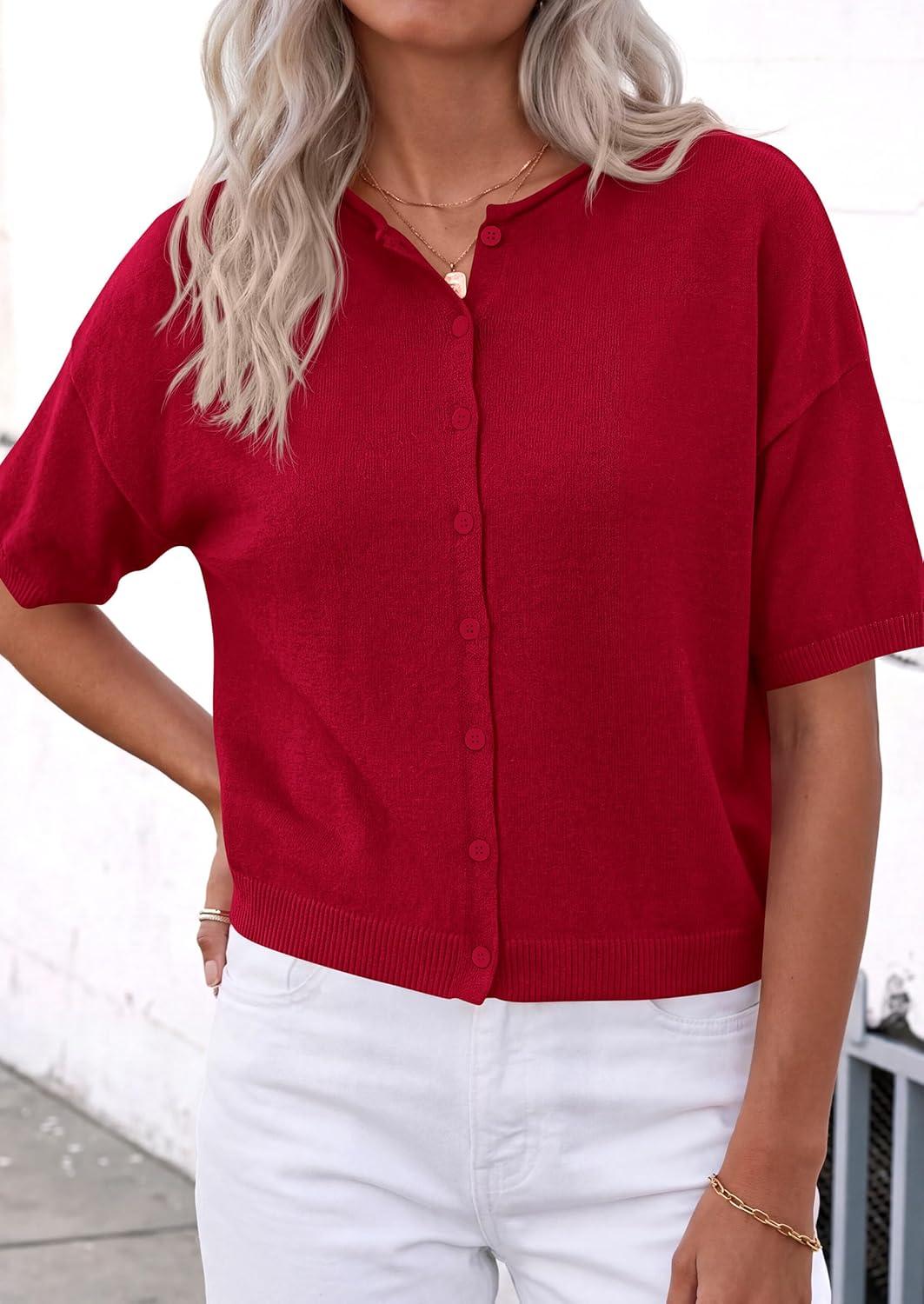 imagePRETTYGARDEN Women Spring Short Sleeve Cardigan Sweaters Button Down Knit Shirt Blouse Dressy Casual Tops 2026 Summer OutfitsRed