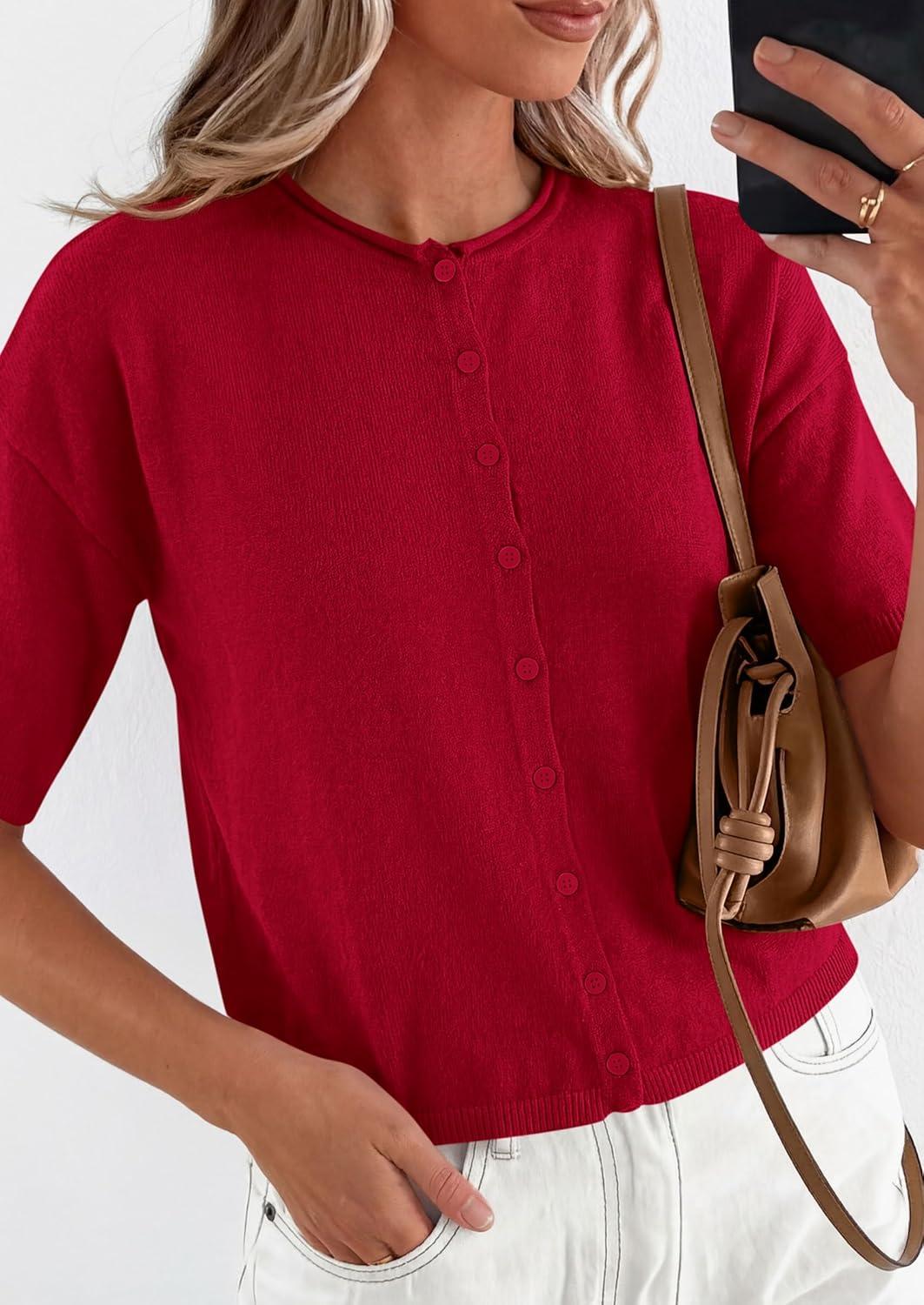 imagePRETTYGARDEN Women Spring Short Sleeve Cardigan Sweaters Button Down Knit Shirt Blouse Dressy Casual Tops 2026 Summer OutfitsRed