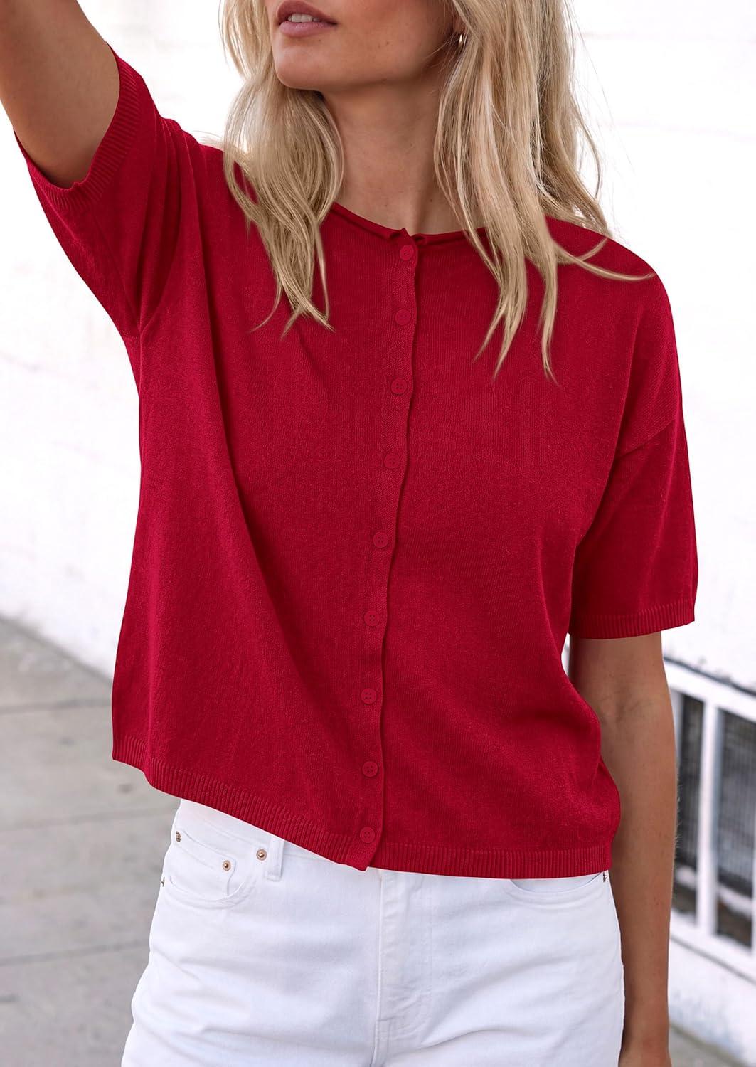 imagePRETTYGARDEN Women Spring Short Sleeve Cardigan Sweaters Button Down Knit Shirt Blouse Dressy Casual Tops 2026 Summer OutfitsRed