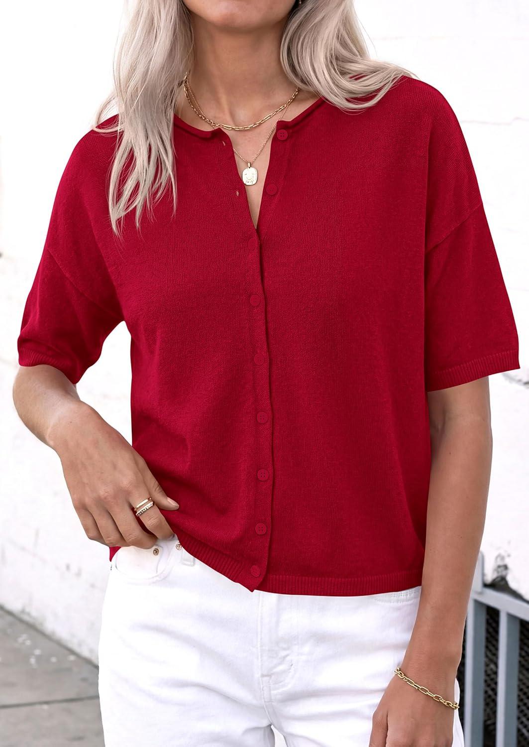 imagePRETTYGARDEN Women Spring Short Sleeve Cardigan Sweaters Button Down Knit Shirt Blouse Dressy Casual Tops 2026 Summer OutfitsRed