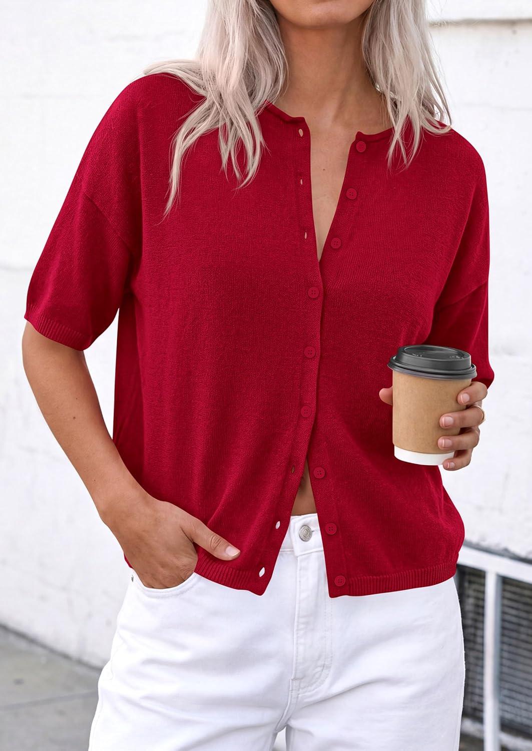 imagePRETTYGARDEN Women Spring Short Sleeve Cardigan Sweaters Button Down Knit Shirt Blouse Dressy Casual Tops 2026 Summer OutfitsRed