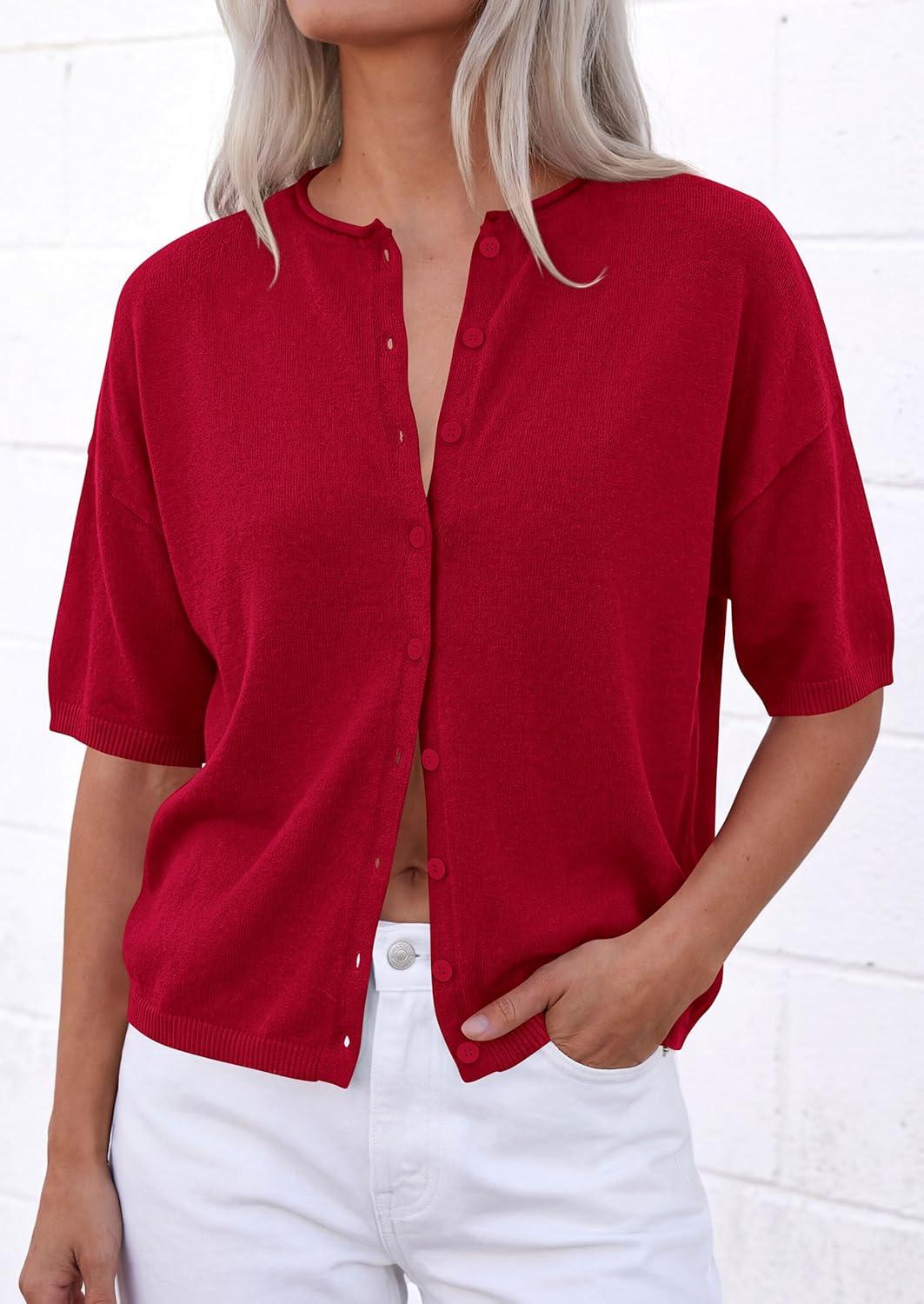 imagePRETTYGARDEN Women Spring Short Sleeve Cardigan Sweaters Button Down Knit Shirt Blouse Dressy Casual Tops 2026 Summer OutfitsRed