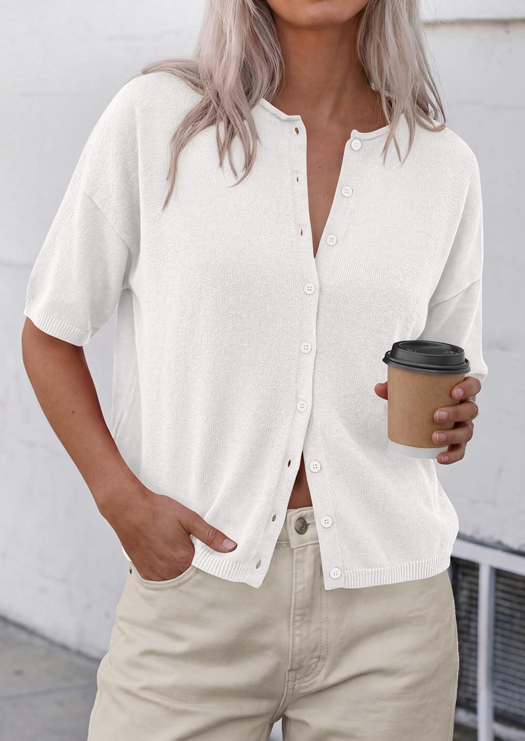 imagePRETTYGARDEN Women Spring Short Sleeve Cardigan Sweaters Button Down Knit Shirt Blouse Dressy Casual Tops 2026 Summer OutfitsWhite
