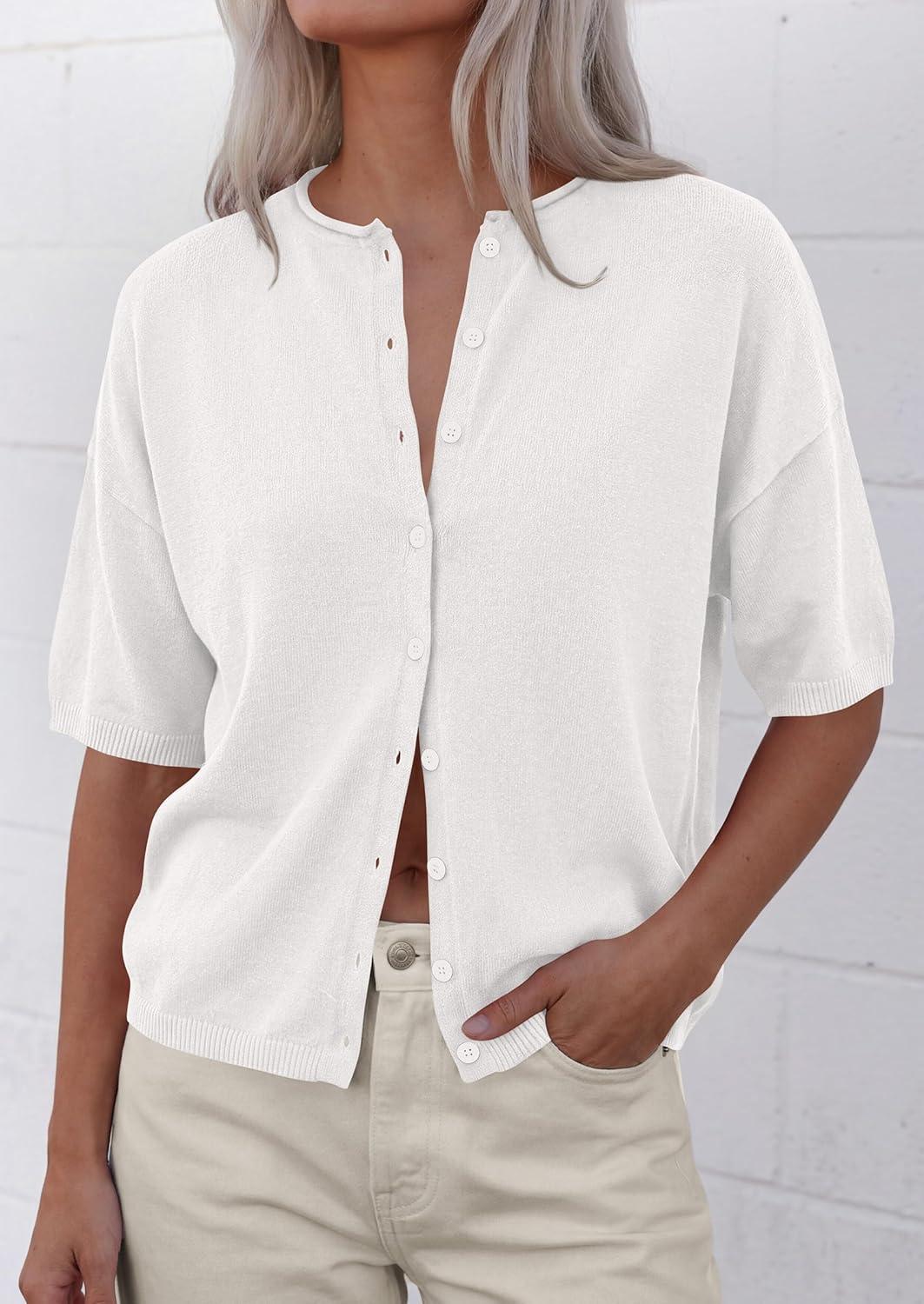 imagePRETTYGARDEN Women Spring Short Sleeve Cardigan Sweaters Button Down Knit Shirt Blouse Dressy Casual Tops 2026 Summer OutfitsWhite