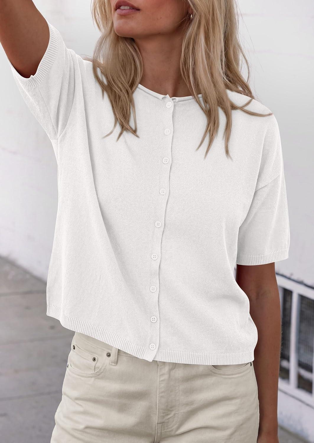 imagePRETTYGARDEN Women Spring Short Sleeve Cardigan Sweaters Button Down Knit Shirt Blouse Dressy Casual Tops 2026 Summer OutfitsWhite