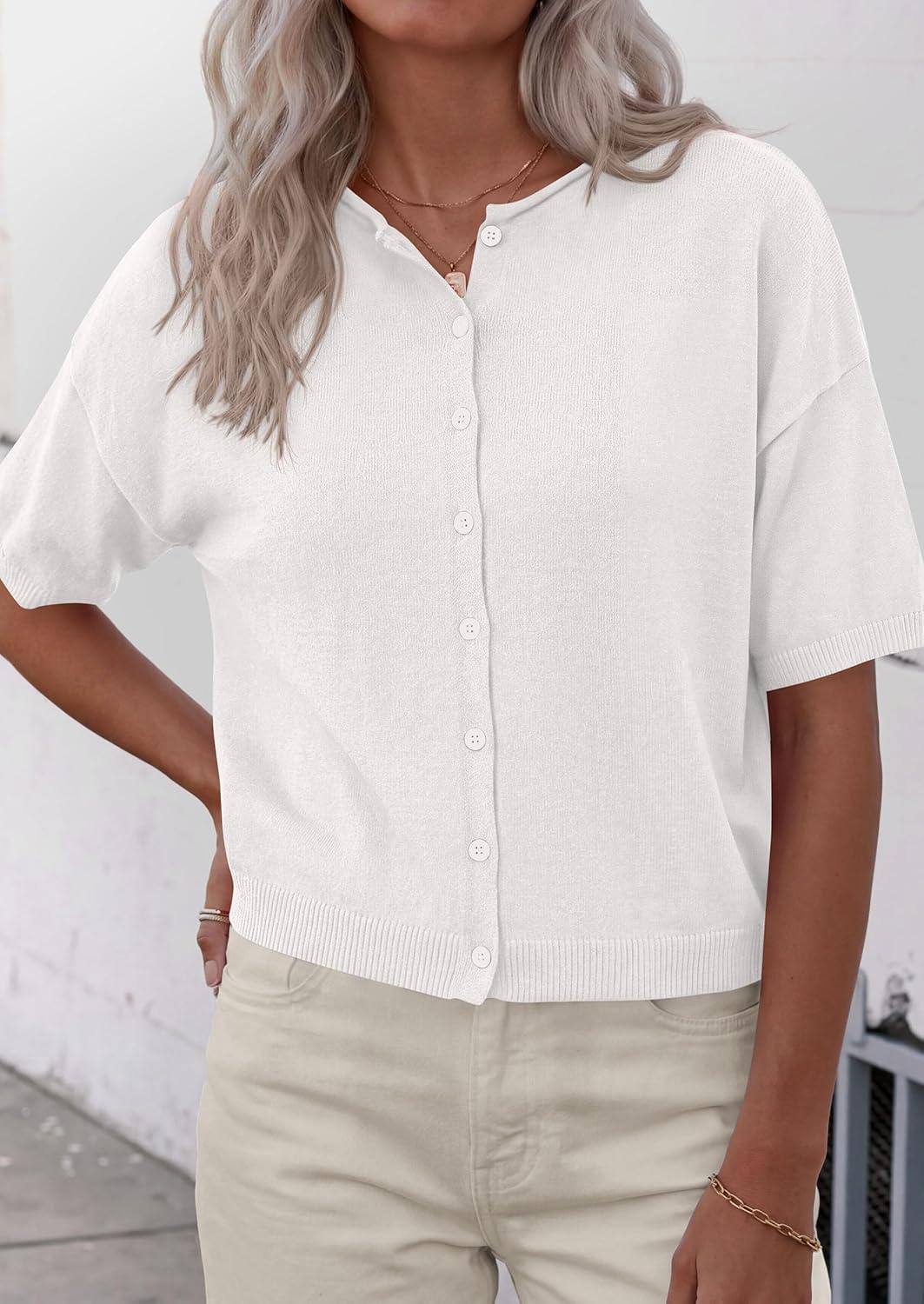 imagePRETTYGARDEN Women Spring Short Sleeve Cardigan Sweaters Button Down Knit Shirt Blouse Dressy Casual Tops 2026 Summer OutfitsWhite