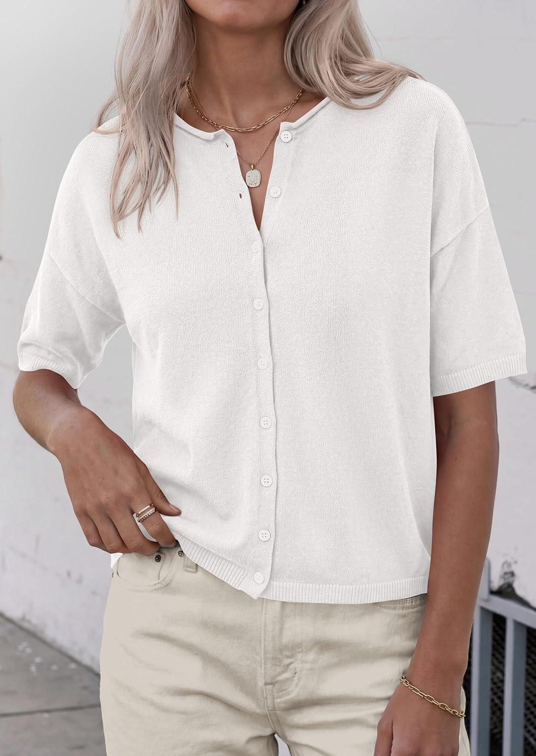 imagePRETTYGARDEN Women Spring Short Sleeve Cardigan Sweaters Button Down Knit Shirt Blouse Dressy Casual Tops 2026 Summer OutfitsWhite