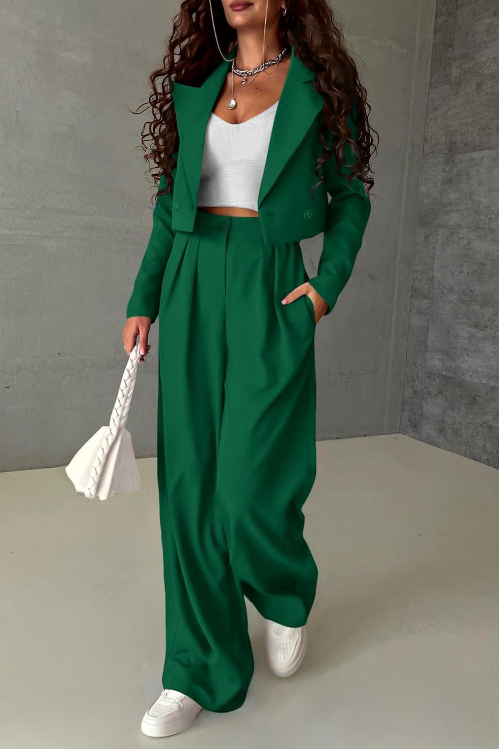 imagePRETTYGARDEN Womens 2 Piece Casual Outfits Cropped Blazer Jackets High Waisted Wide Leg Work Pants Suit SetGreen