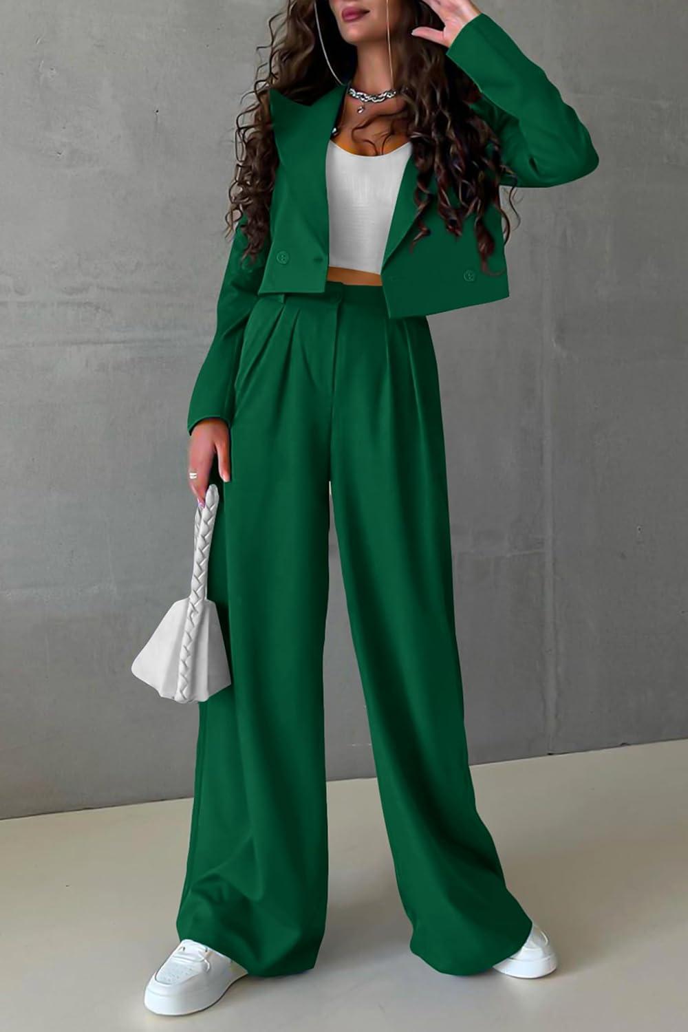 imagePRETTYGARDEN Womens 2 Piece Casual Outfits Cropped Blazer Jackets High Waisted Wide Leg Work Pants Suit SetGreen
