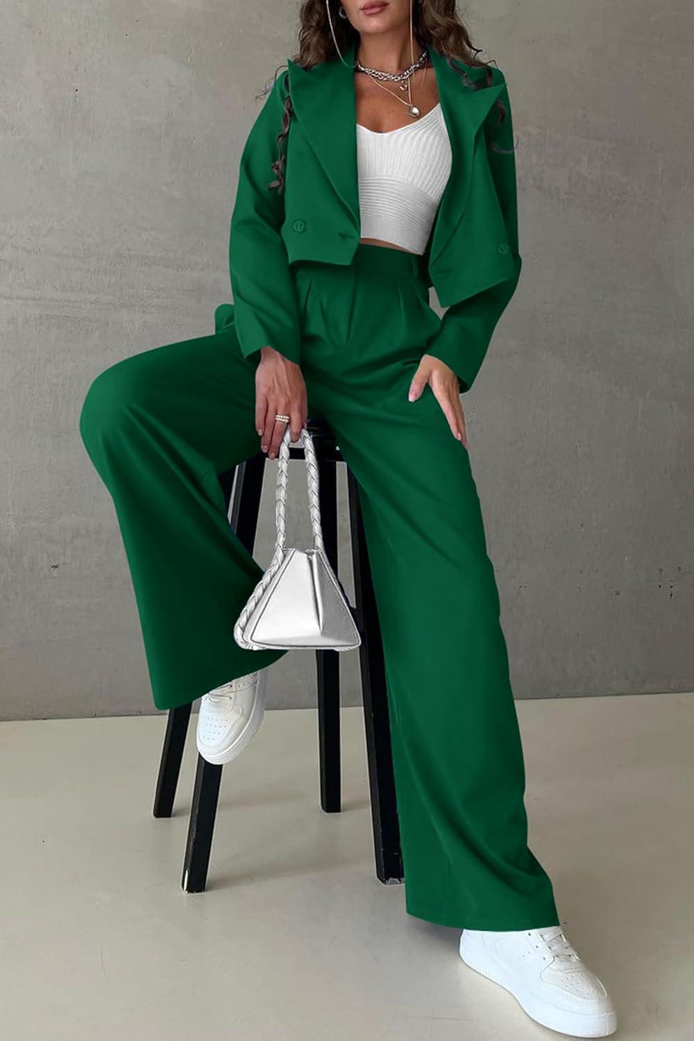 imagePRETTYGARDEN Womens 2 Piece Casual Outfits Cropped Blazer Jackets High Waisted Wide Leg Work Pants Suit SetGreen