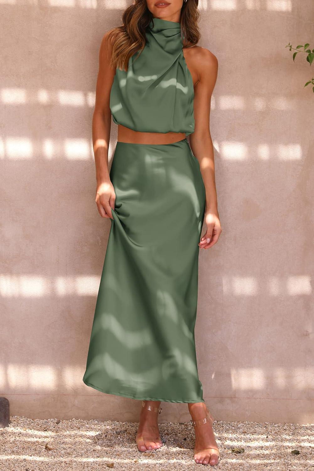 imagePRETTYGARDEN Womens 2 Piece Satin Outfits Summer Sleeveless Mock Neck Crop Tops and Long Skirt Dress SetsArmy Green
