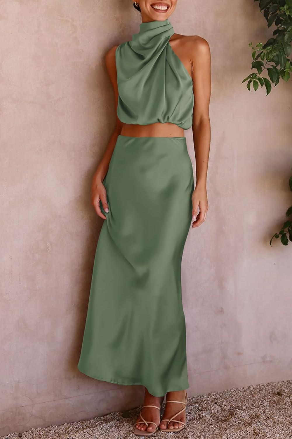 imagePRETTYGARDEN Womens 2 Piece Satin Outfits Summer Sleeveless Mock Neck Crop Tops and Long Skirt Dress SetsArmy Green