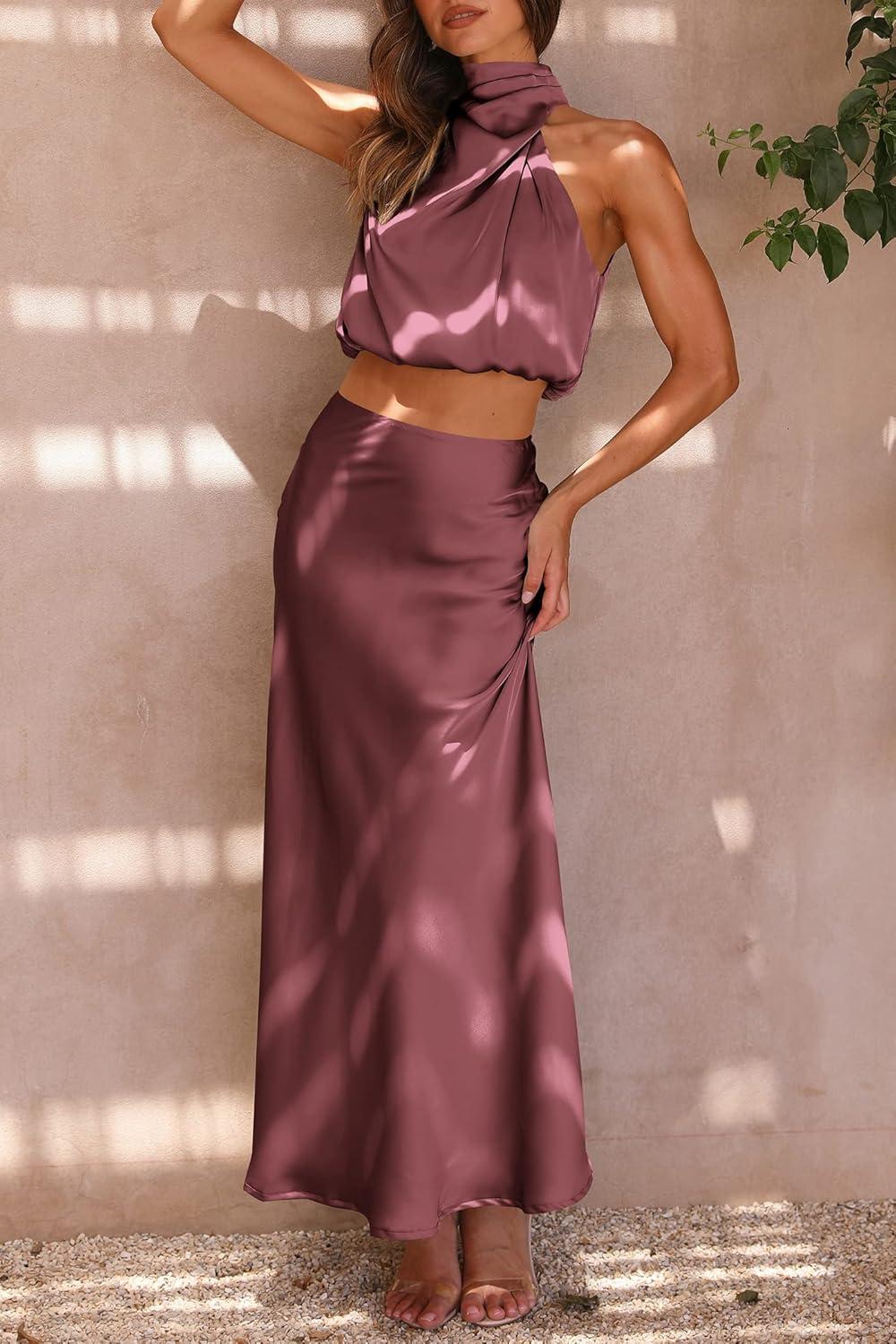 imagePRETTYGARDEN Womens 2 Piece Satin Outfits Summer Sleeveless Mock Neck Crop Tops and Long Skirt Dress SetsBrick Red
