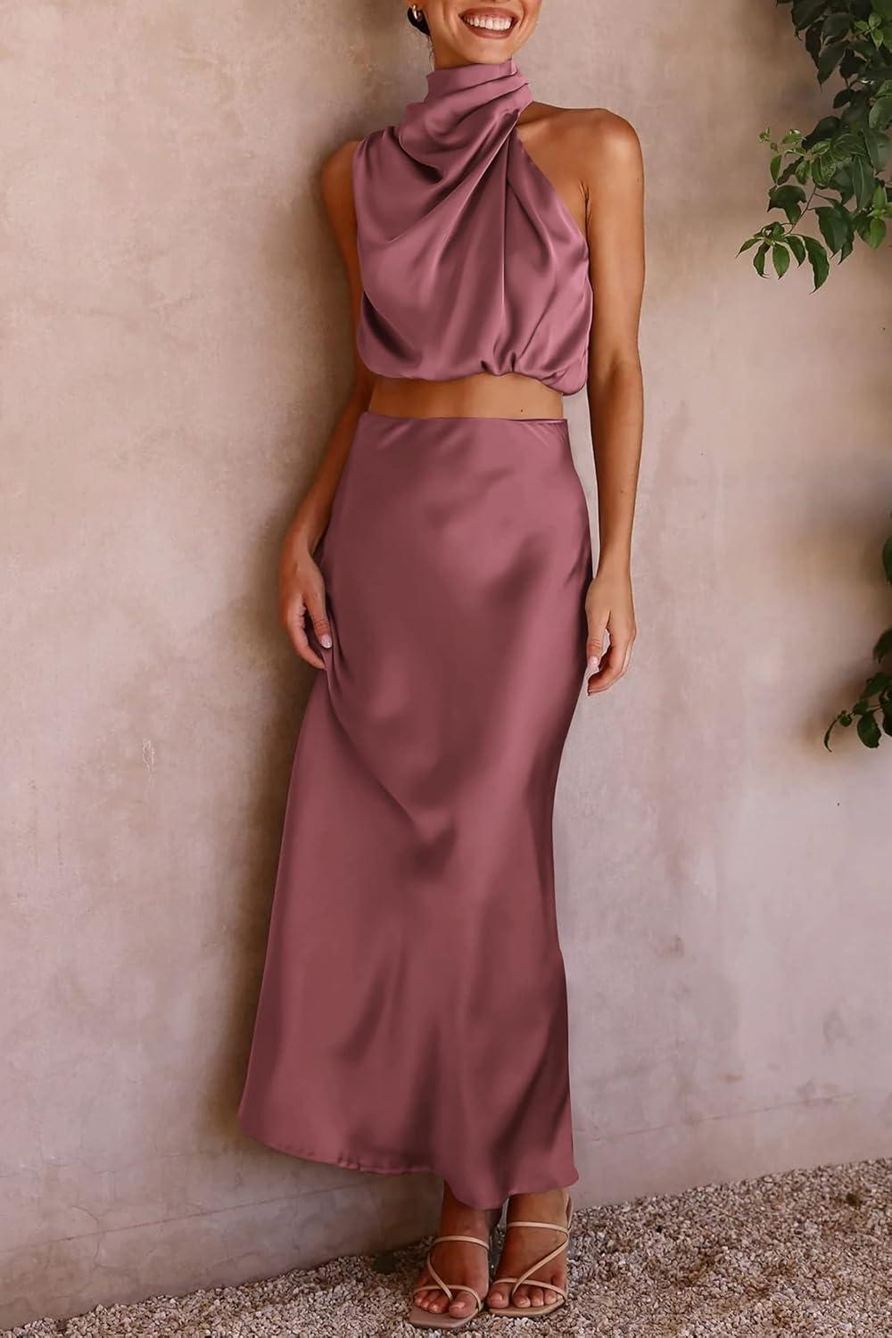 imagePRETTYGARDEN Womens 2 Piece Satin Outfits Summer Sleeveless Mock Neck Crop Tops and Long Skirt Dress SetsBrick Red